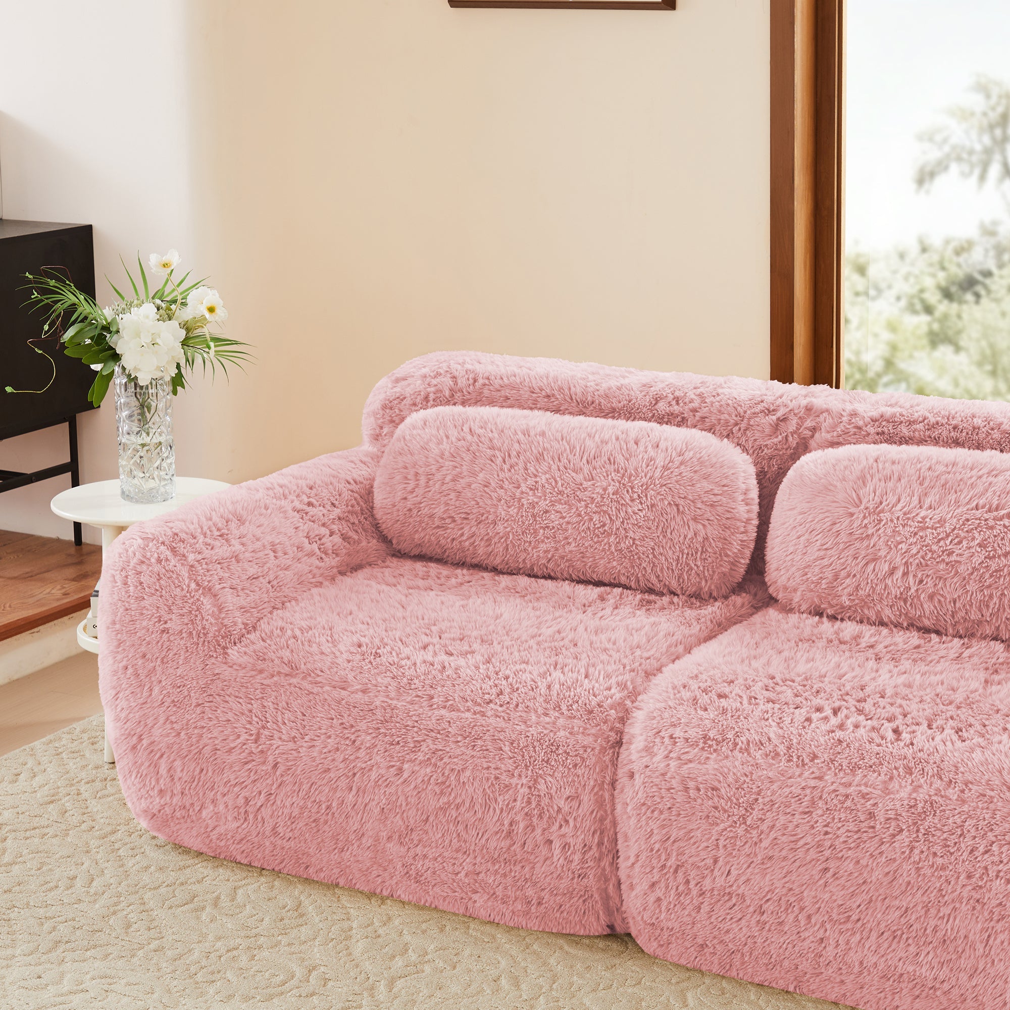 Sectional Sofa Modular Pink Plush Fabric 114 Inch with Throw Pillows