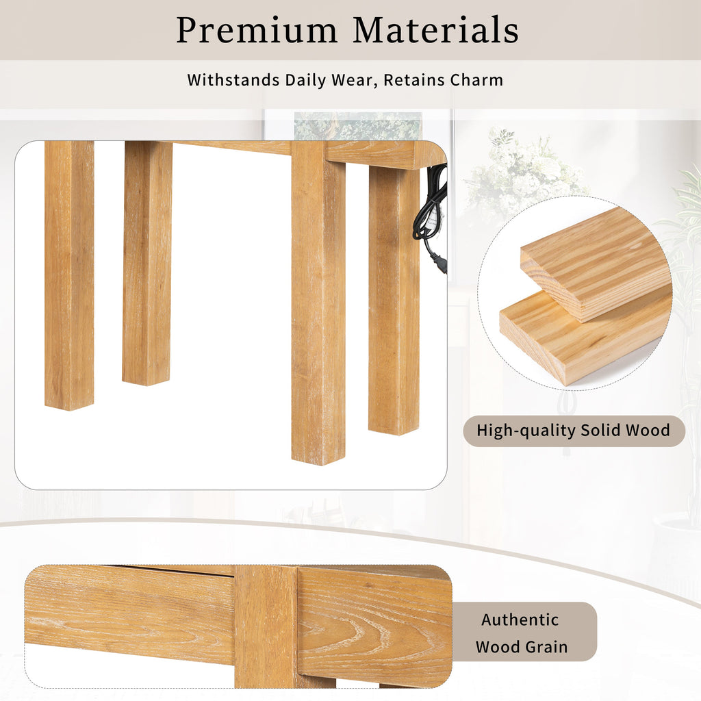 Rustic Console Table, Hidden Drawer, Side Power Outlet, Entryway Table, Natural