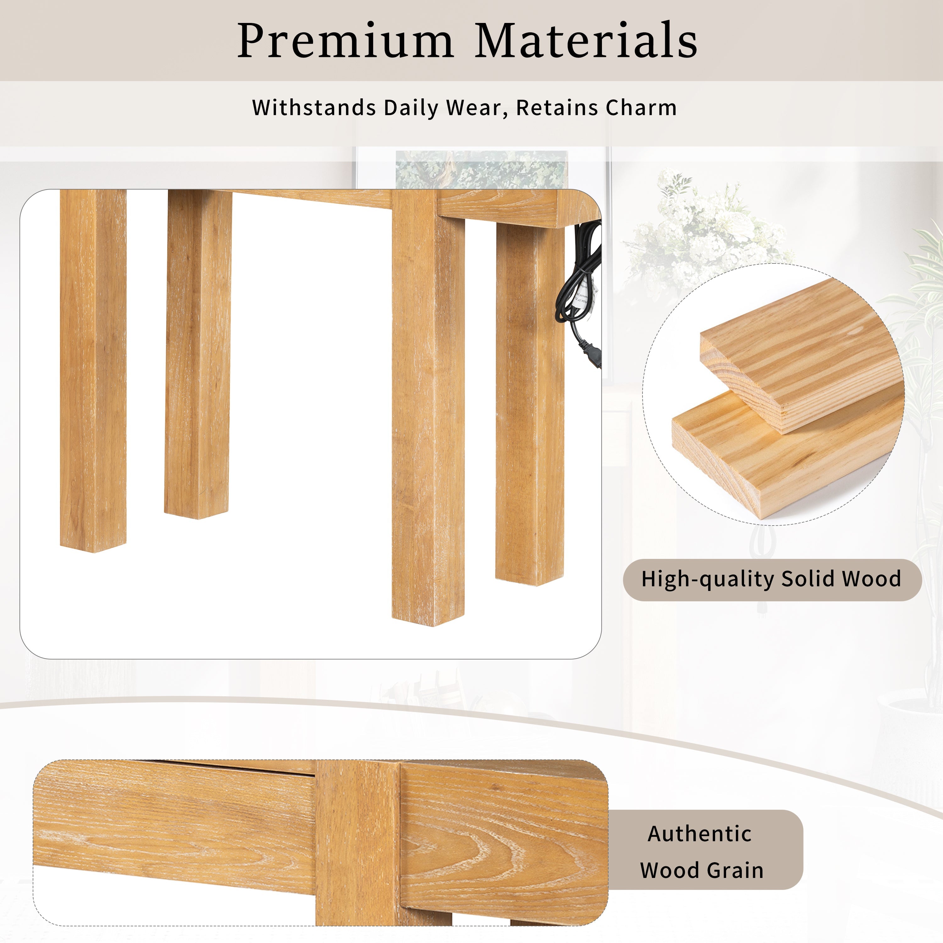 Rustic Console Table, Hidden Drawer, Side Power Outlet, Entryway Table, Natural
