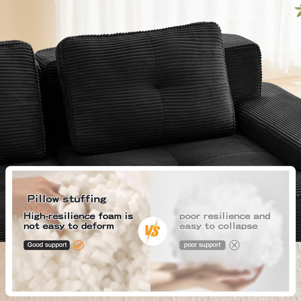 Sectional Sofa Modular Corduroy Black 3 Seater Tufted