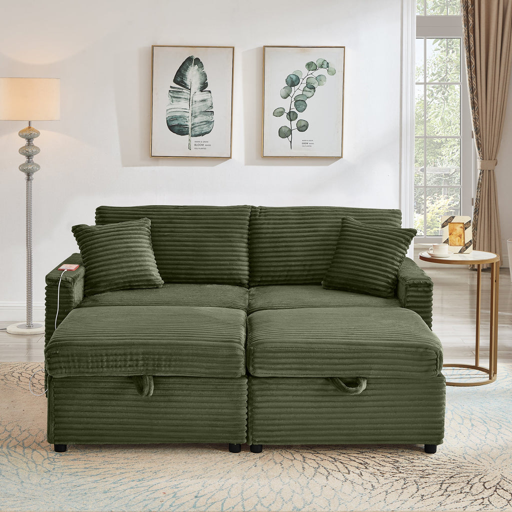 Sectional Sofa L-Shape Corduroy Green Storage Chaise 2 Ottomans USB 69 In