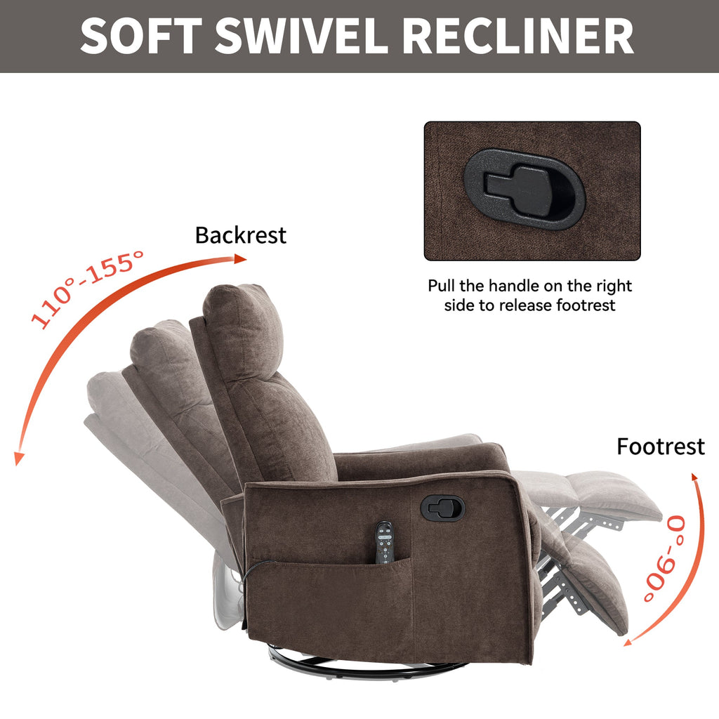 Recliner Chair Swivel Rocker Polyester Brown 360 Degree Heat Massage 155
