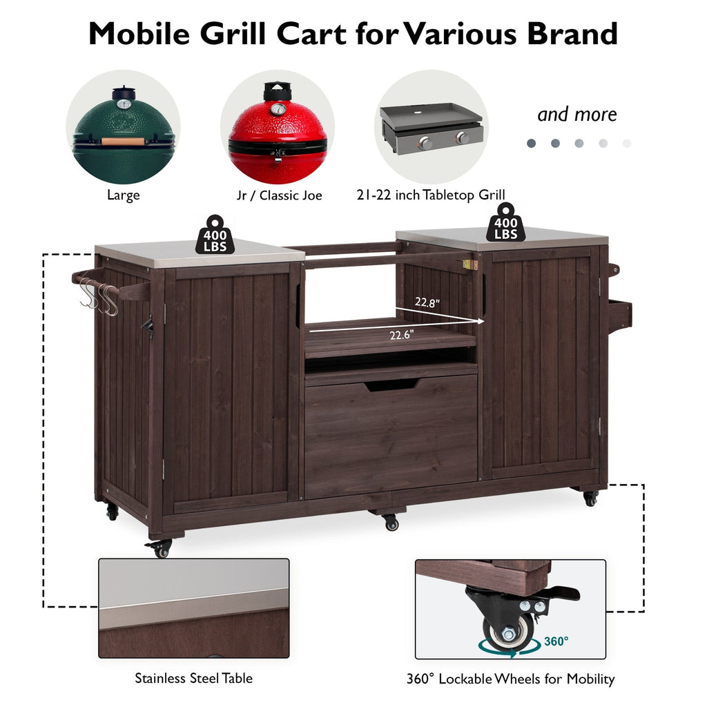 Outdoor Kitchen Island Grill Cart Fir Wood Stainless Steel Top 66.5x23x34 In