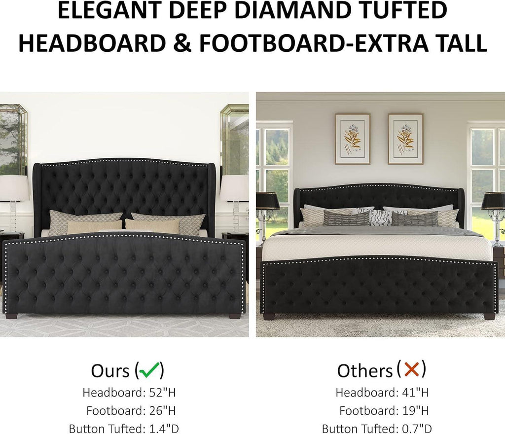 Queen Size Platform Bed Frame With Nailhead Trim Deluxe