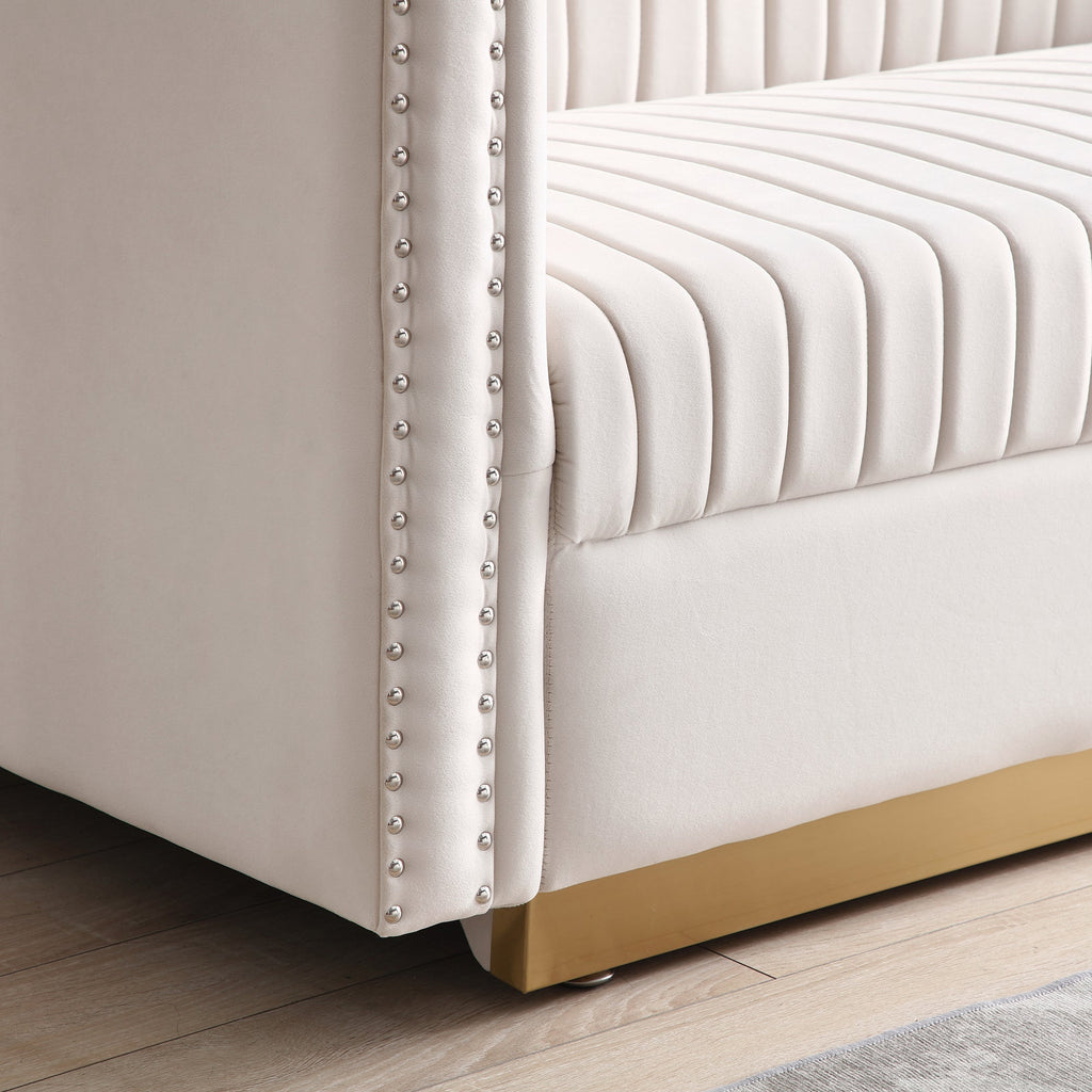 Loveseat Velvet Beige Channel Tufted Gold Stainless Base 2 Seat 61 In 600 LB