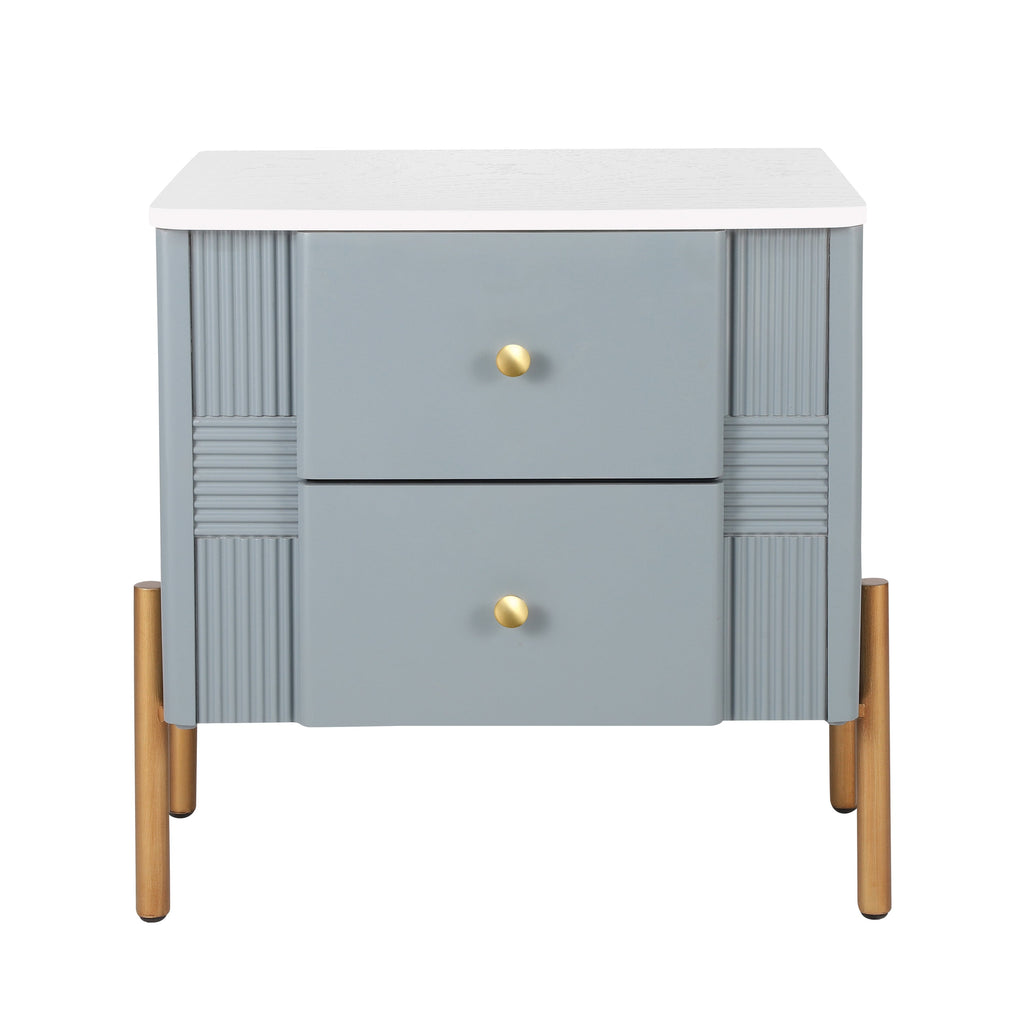 Modern Fluted Nightstand with 2 Drawers, Gold Metal Legs and Handles, Blue