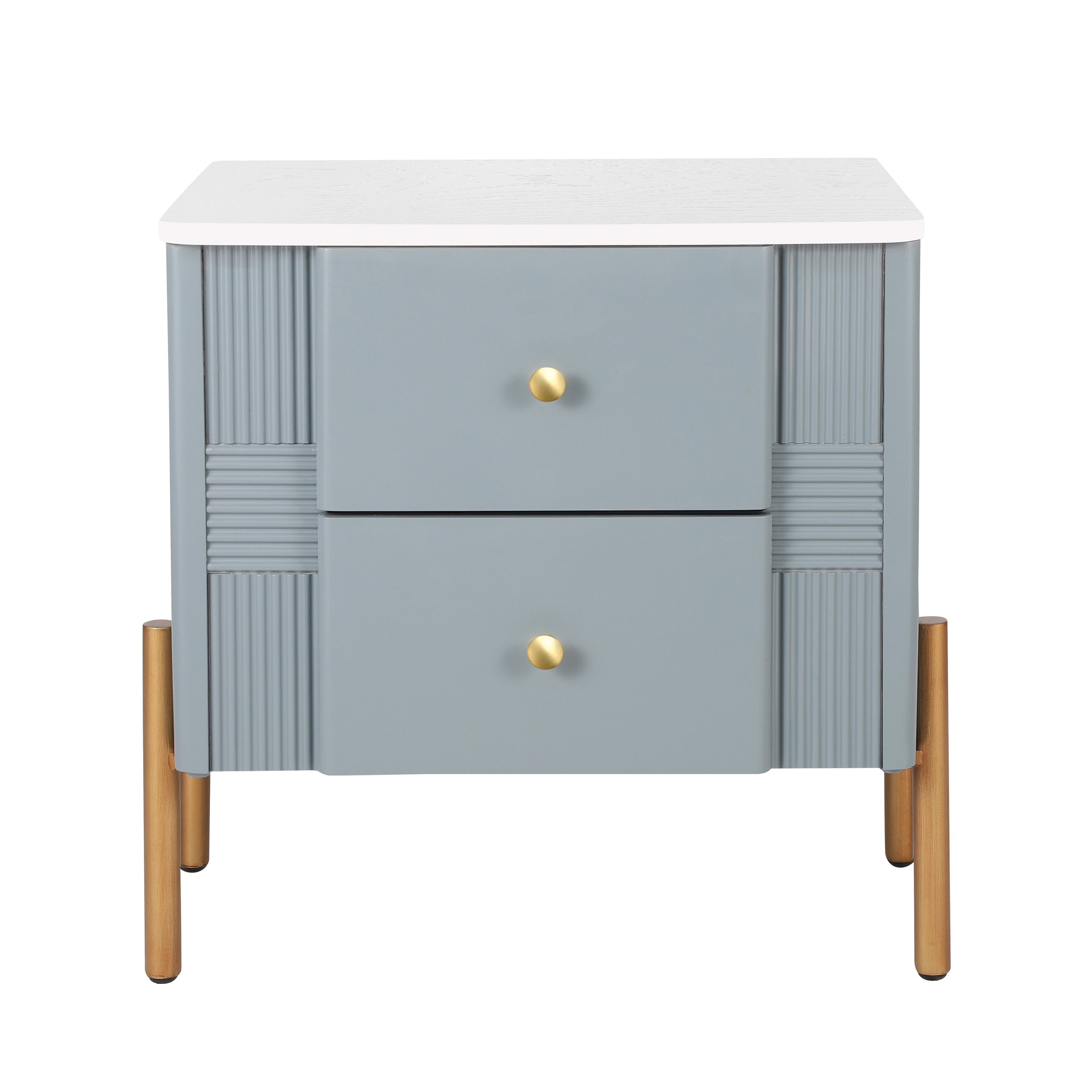 Modern Fluted Nightstand with 2 Drawers, Gold Metal Legs and Handles, Blue