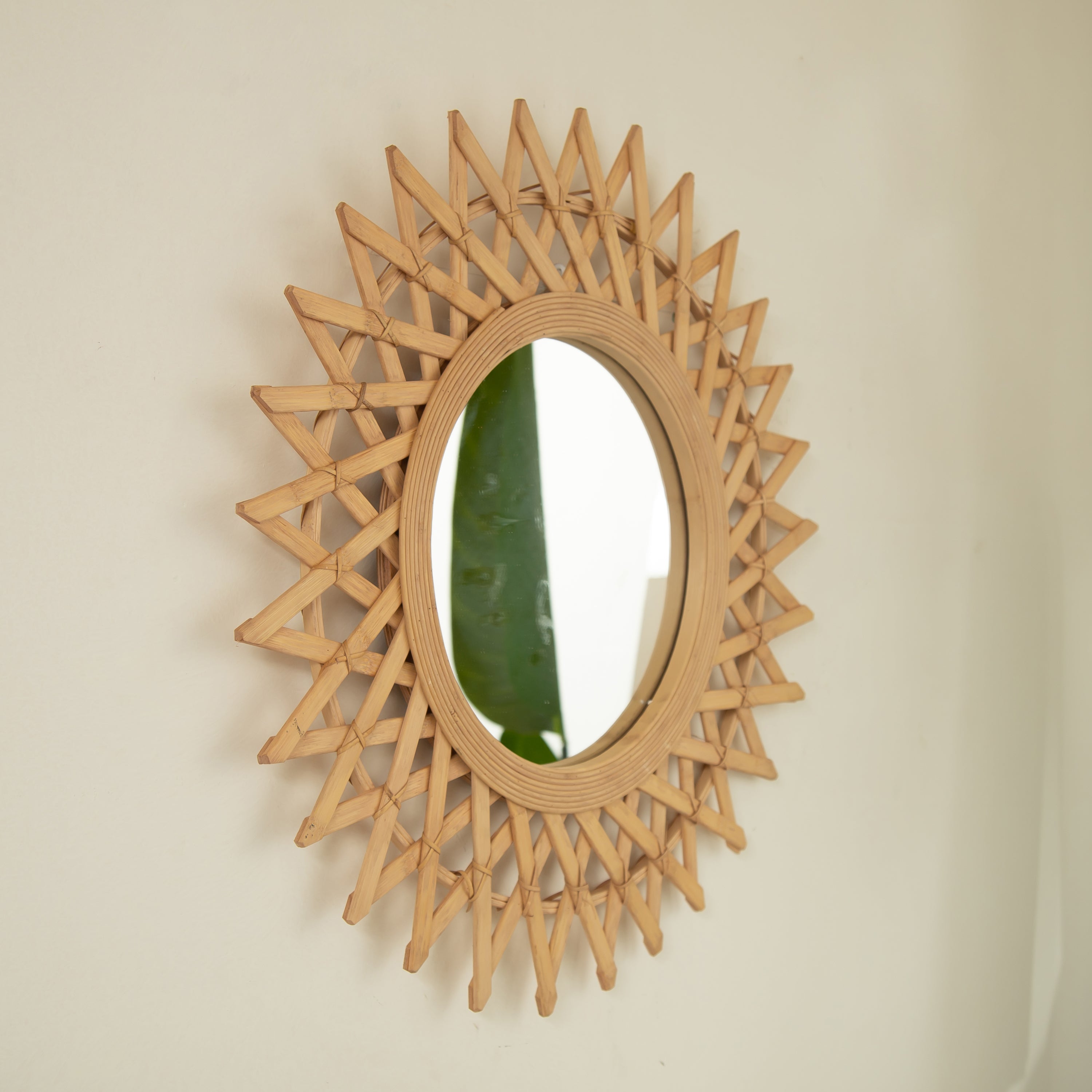 Wall Mounted Circle Mirror Boho Bamboo Natural 24x24 Inch Bedroom