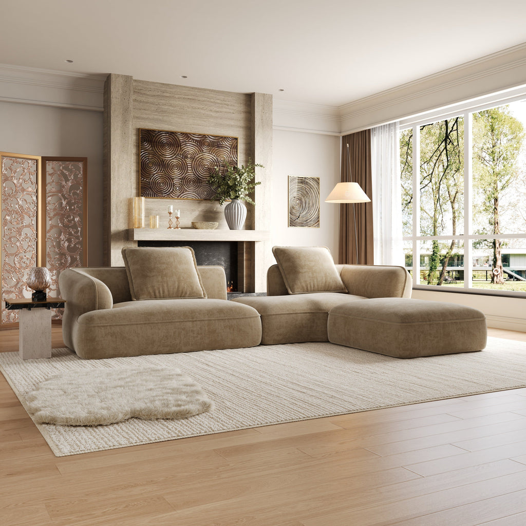 Sectional Sofa L-Shape Deep Seat Polyester Off-White 4 Seat 122 In