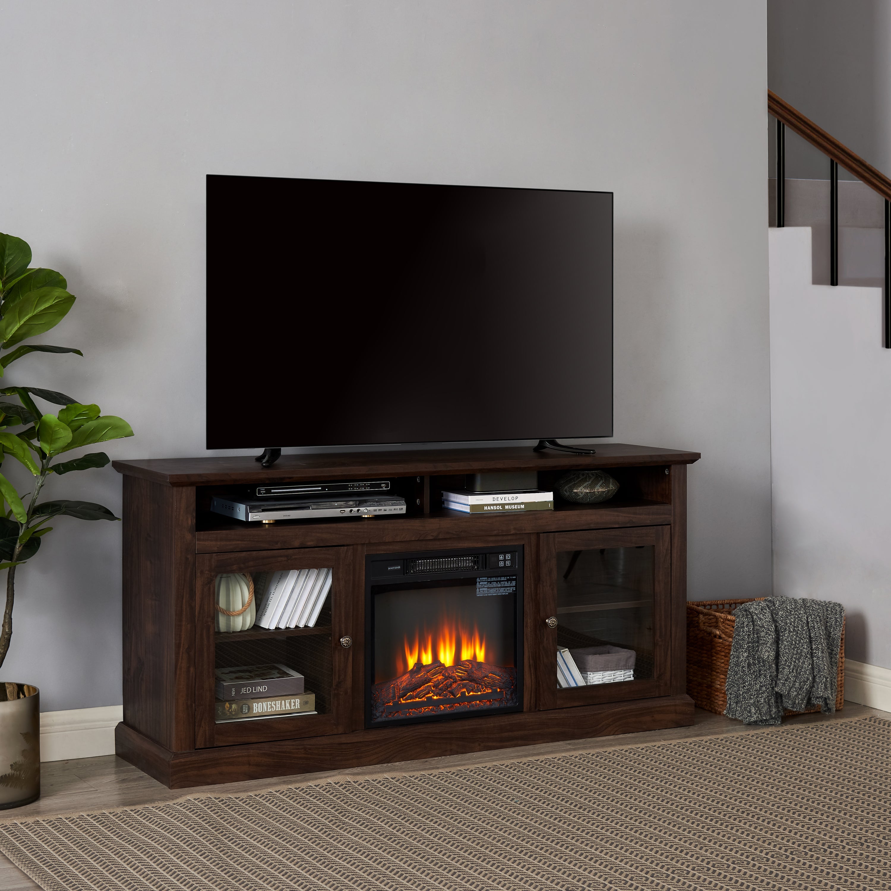 TV Stand Fireplace American Traditional Brown MDF 1400W Fits 65 In TV 60 In