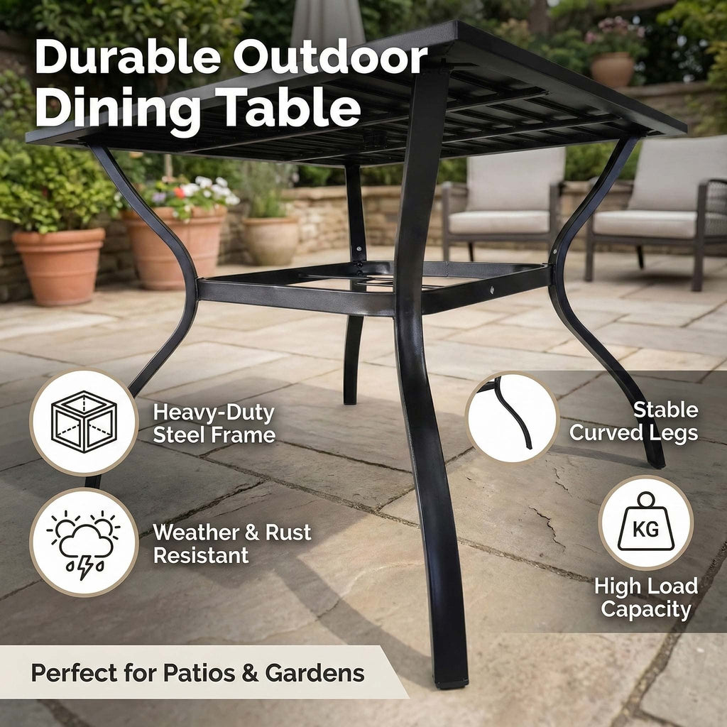 Outdoor Dining Set Metal Black 5 Piece Square Table 4 Folding Chairs Seats 4