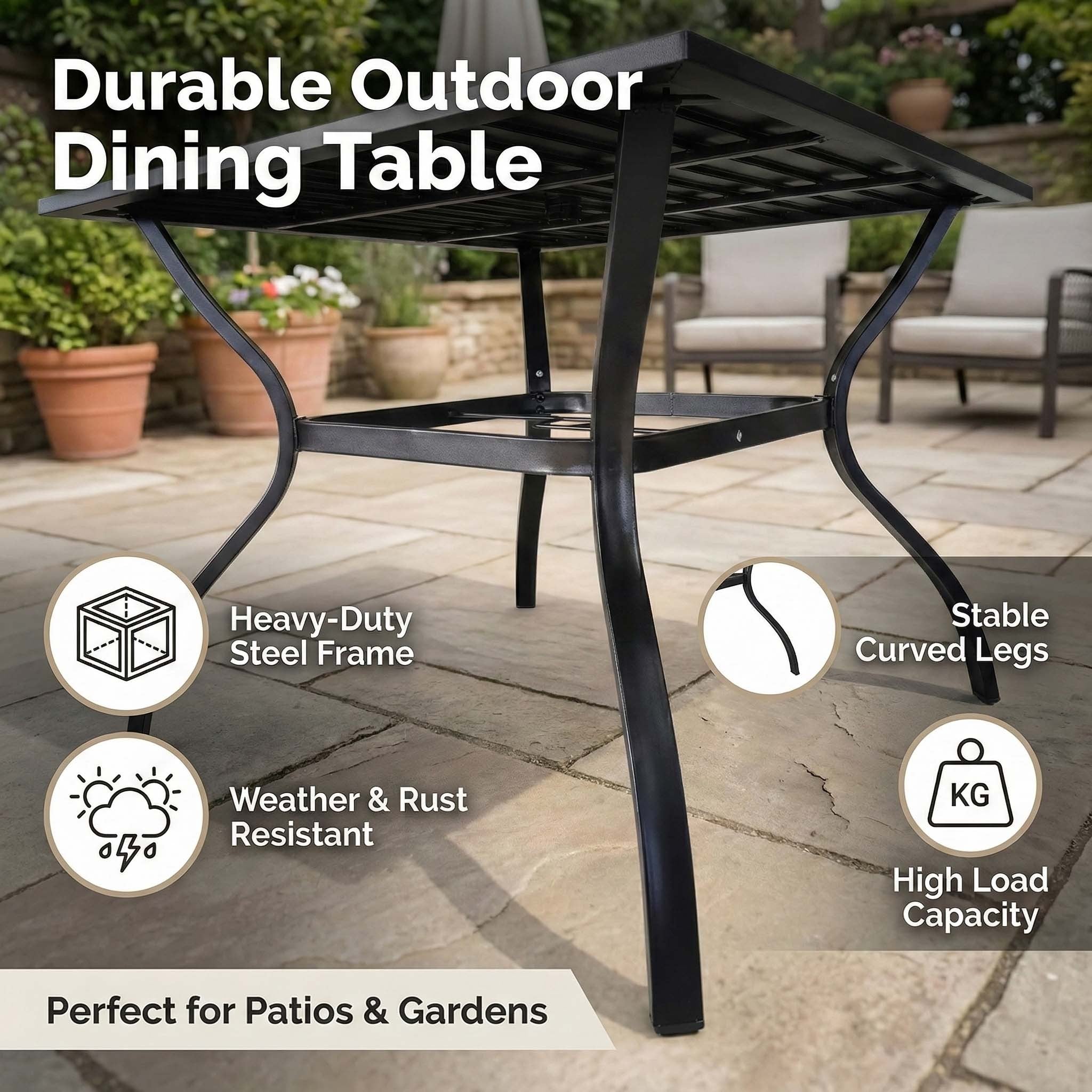 Outdoor Dining Set Metal Black 5 Piece Square Table 4 Folding Chairs Seats 4