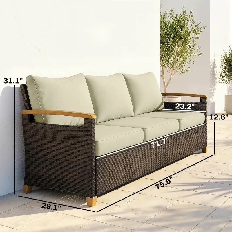 Outdoor Sofa Set Wicker Beige Brown 3 Seat Steel Frame 792 lb Capacity
