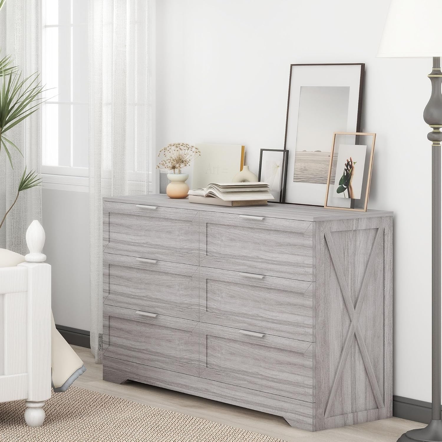 Wash Grey Six Drawer Contemporary Hardwood Dresser