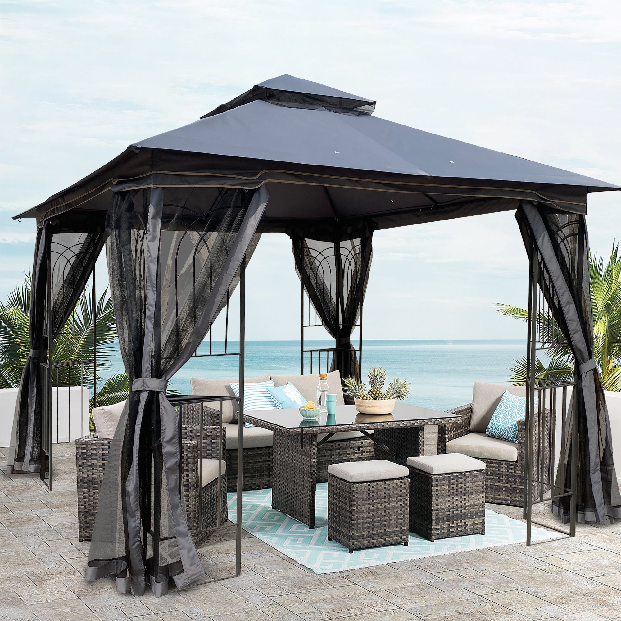 Gazebo Steel Gray 10x10 Ft Double Vented Roof Mesh Sidewalls UV-Resistant
