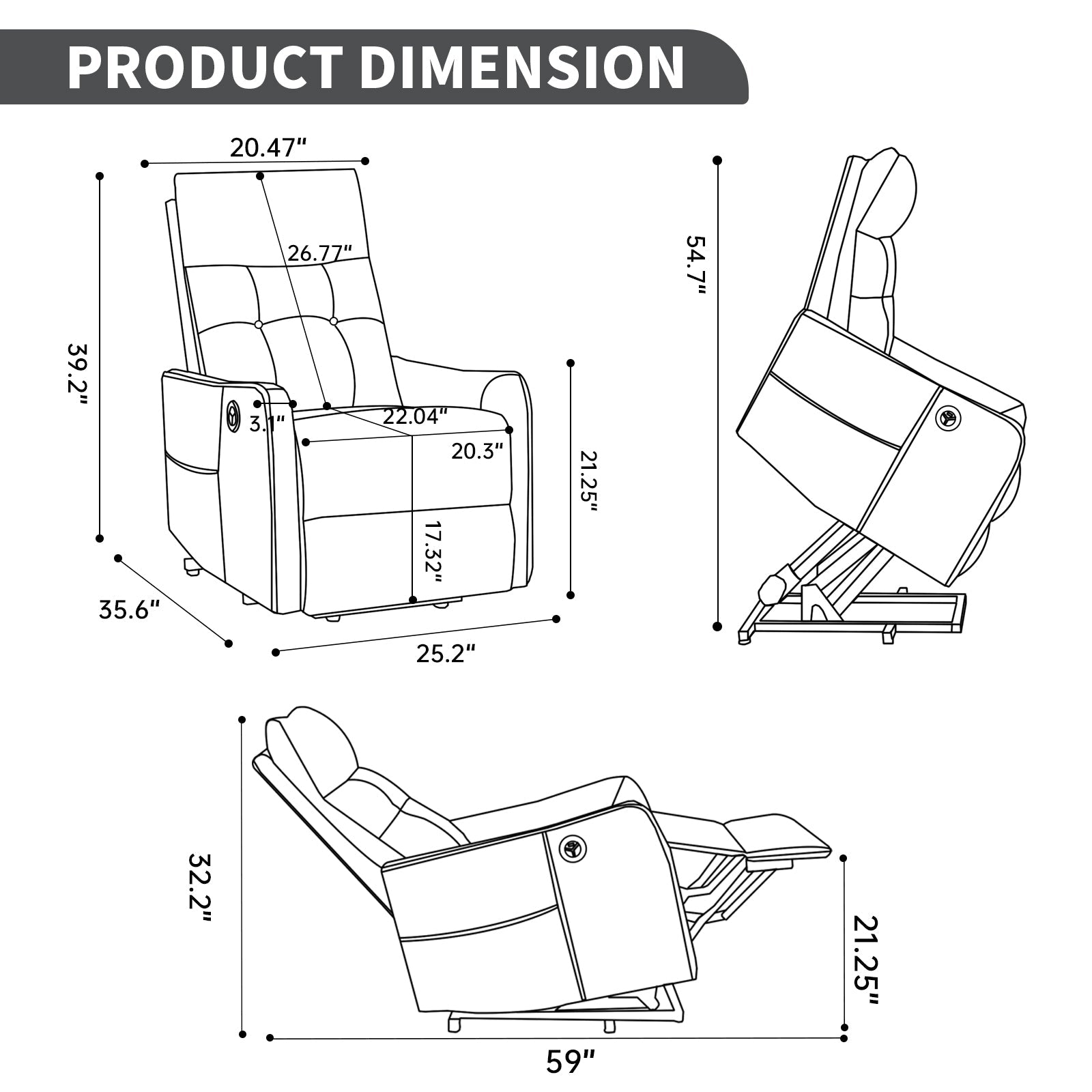 Deep Grey PU Single Motor Power Lift Recliner Chair with Massage and Heat for Elderly, Heavy Duty Motion Mechanism and One USB for Charging, Max Reclining Angle 155°