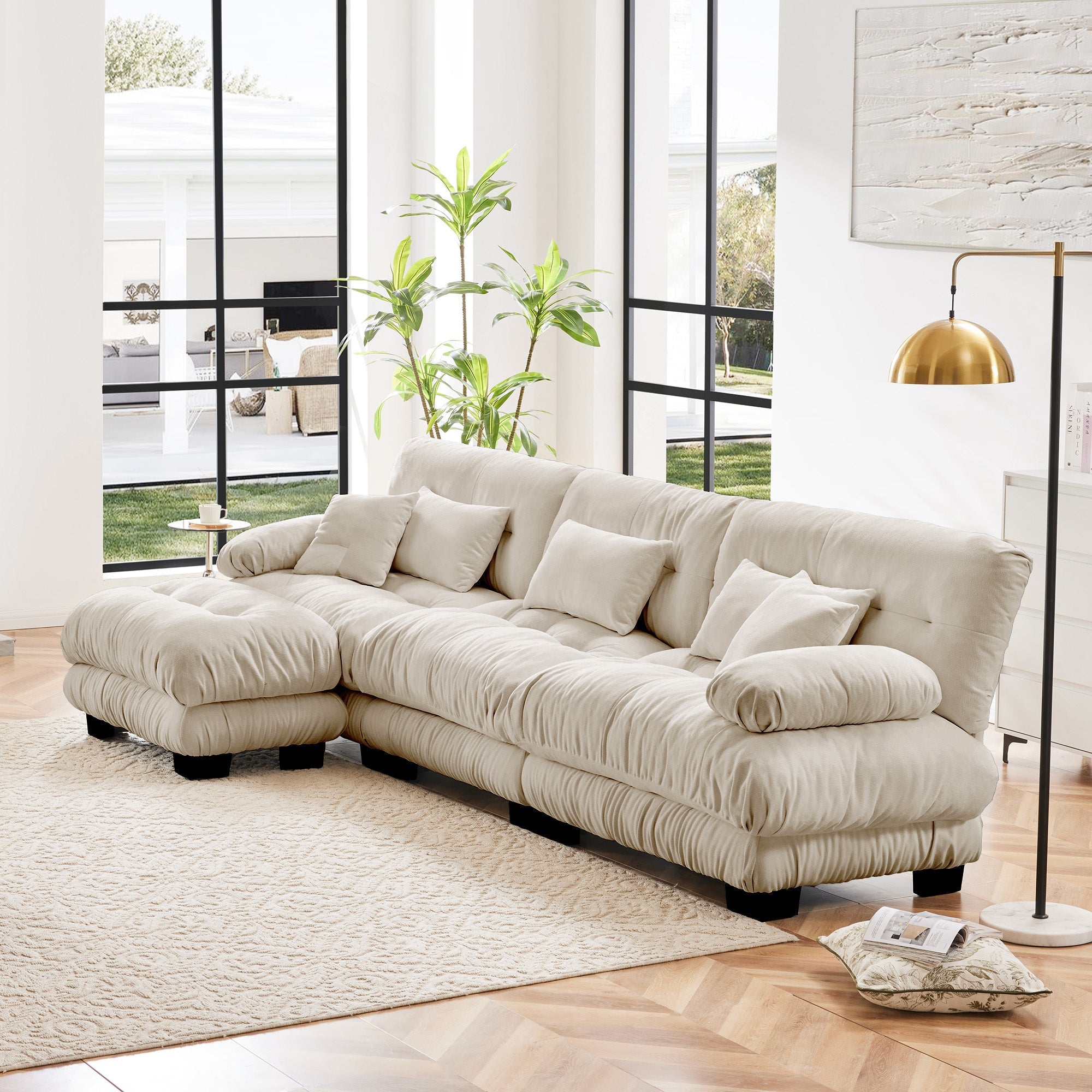 Sectional Sofa L-Shaped Chenille Light Coffee Convertible Ottoman