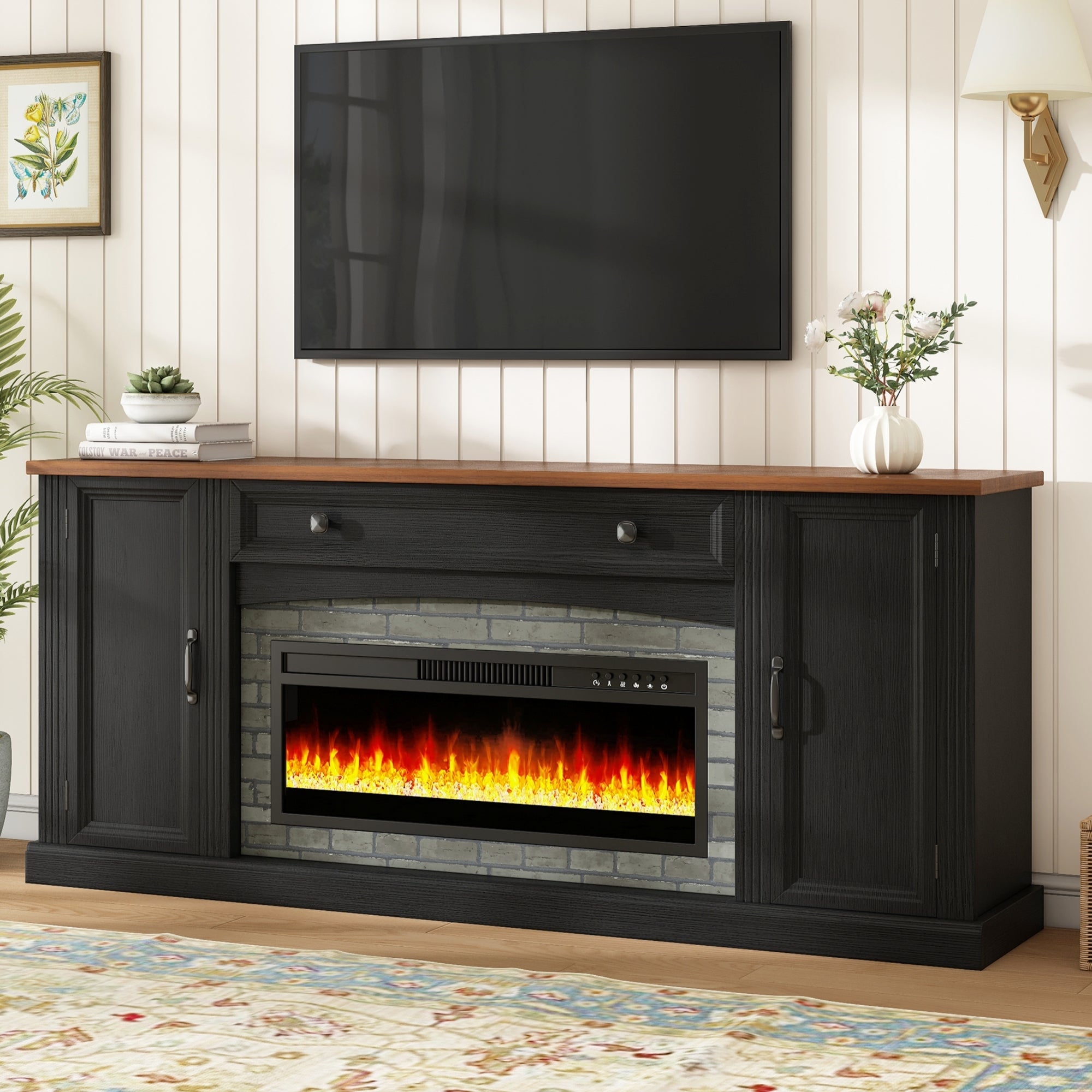 TV Stand Fireplace Black MDF Walnut Top Gray Brick 1400W Fits 70 In TV 66.9 In