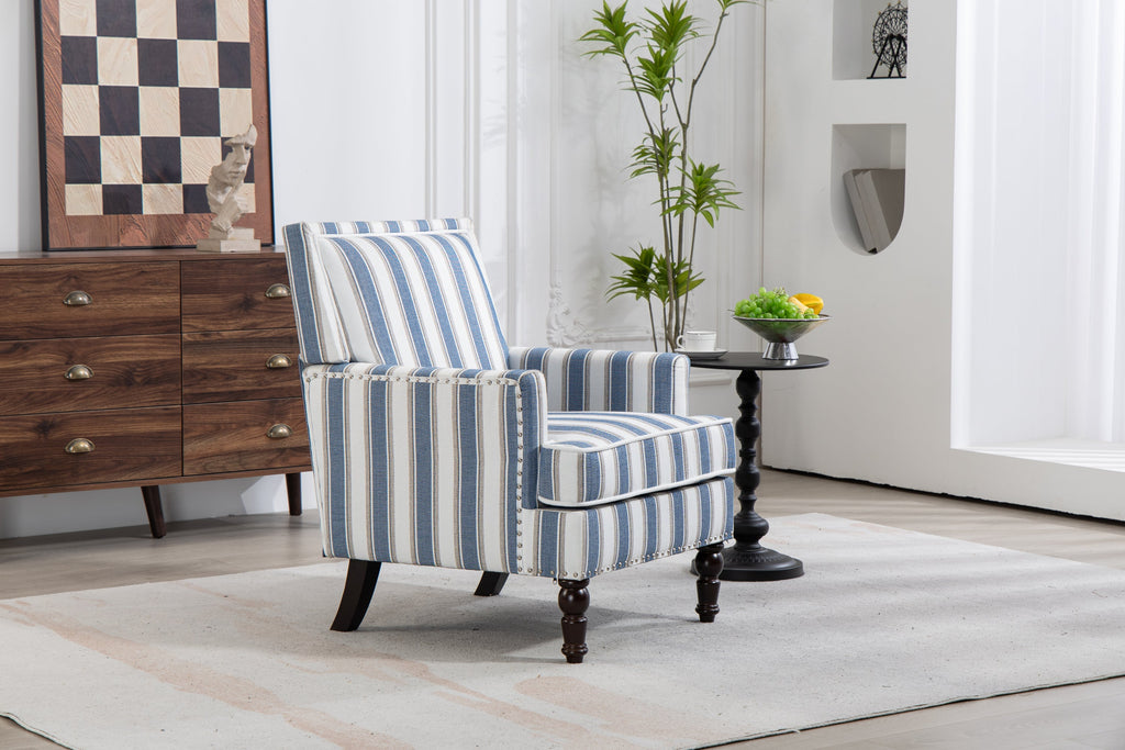 Accent Chair Vintage Striped Linen Blue White Nailhead Solid Wood Legs