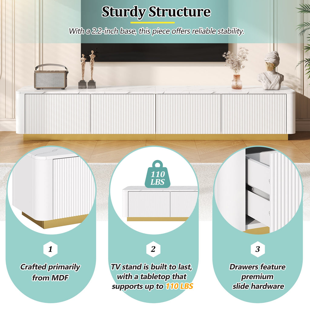 TV Stand Luxury Fluted White MDF Faux Marble Top 4-Drawer Fits 85 In TV