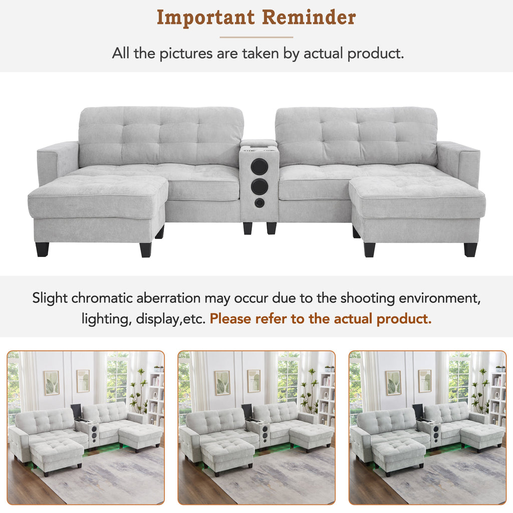 Sectional Sofa U-Shape Chenille Light Gray 6 Seat Bluetooth 126 In