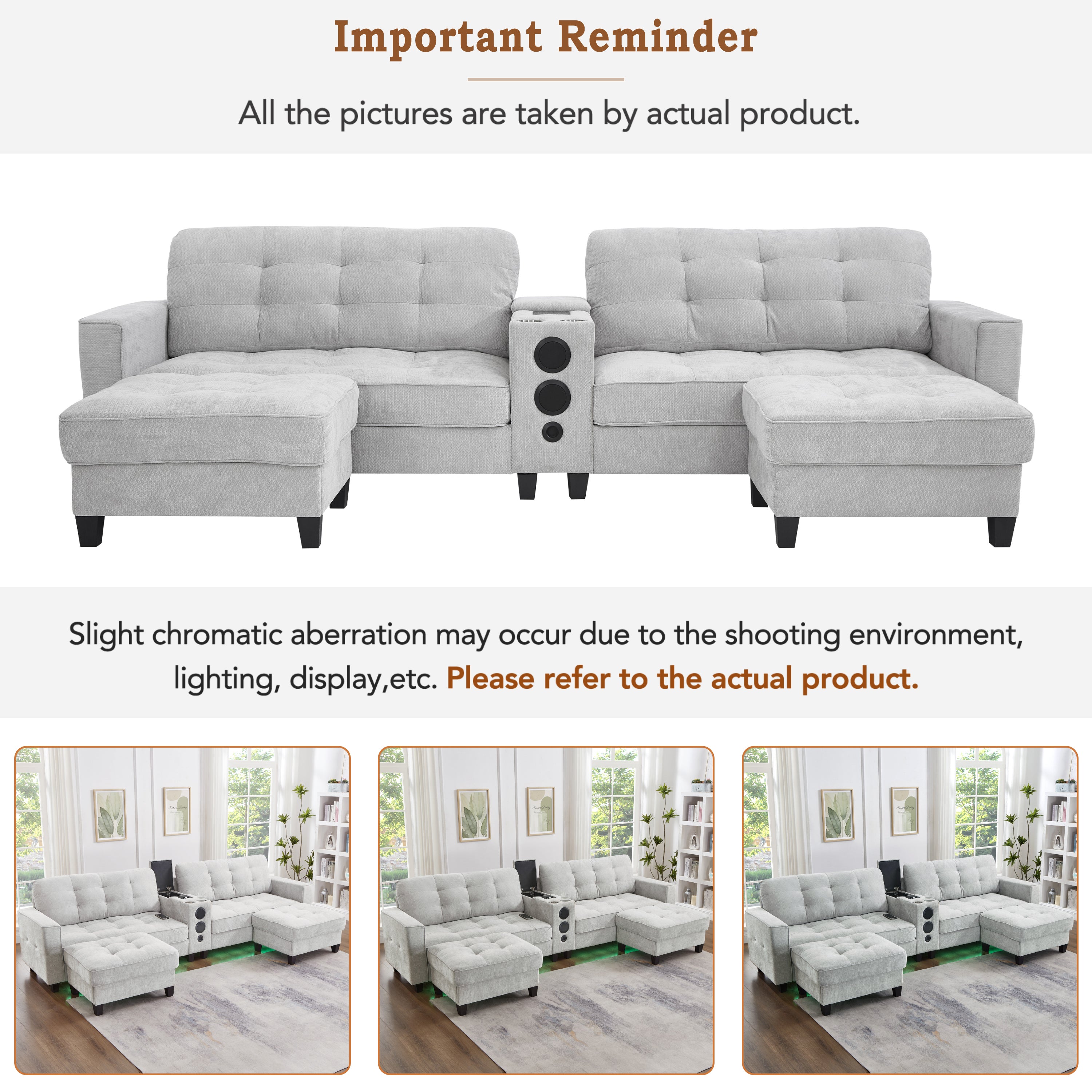 Sectional Sofa U-Shape Chenille Light Gray 6 Seat Bluetooth 126 In