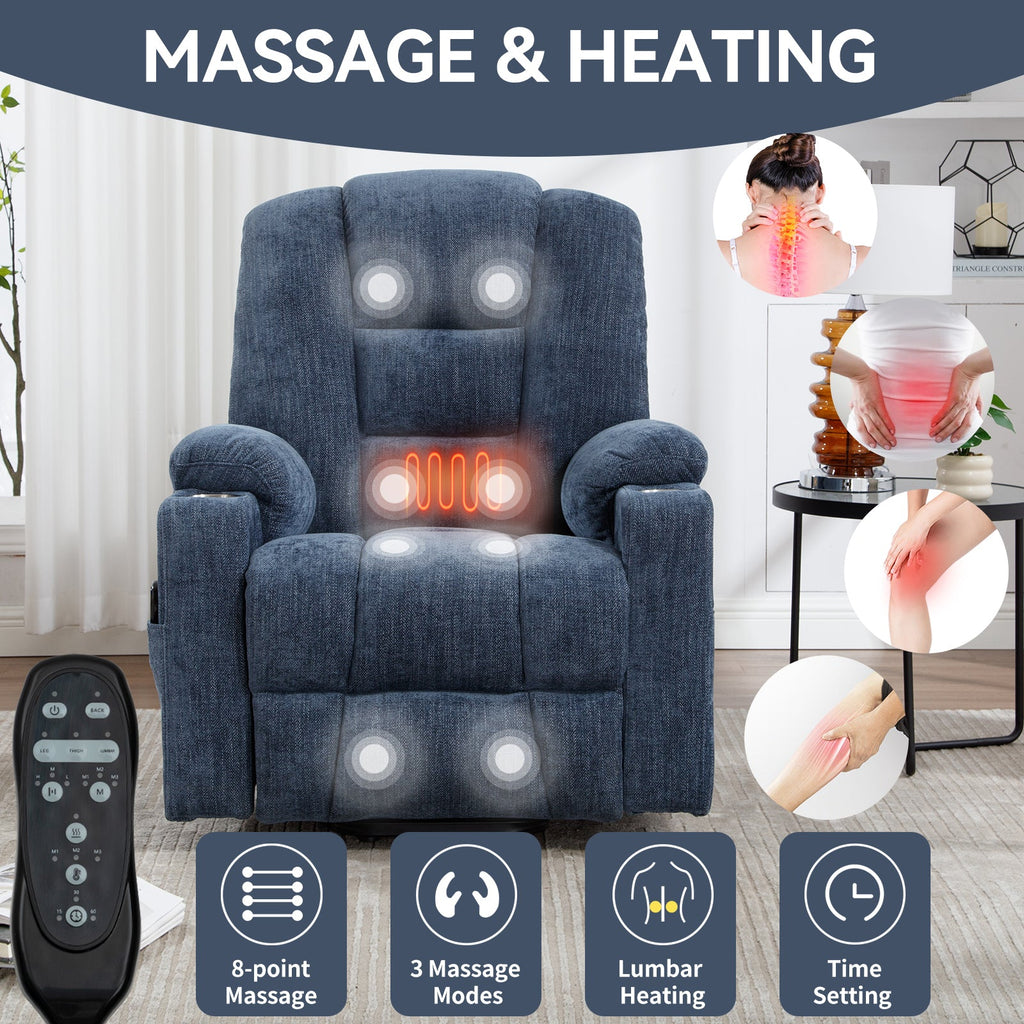 Power Lift Recliner Chair Heat Massage USB Cup Holders, Blue