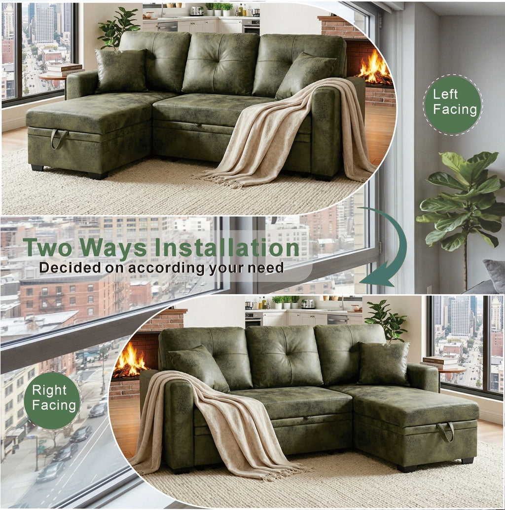 Sectional Sofa l Shaped Olive Green Fabric Sleeper with Small Space Solution