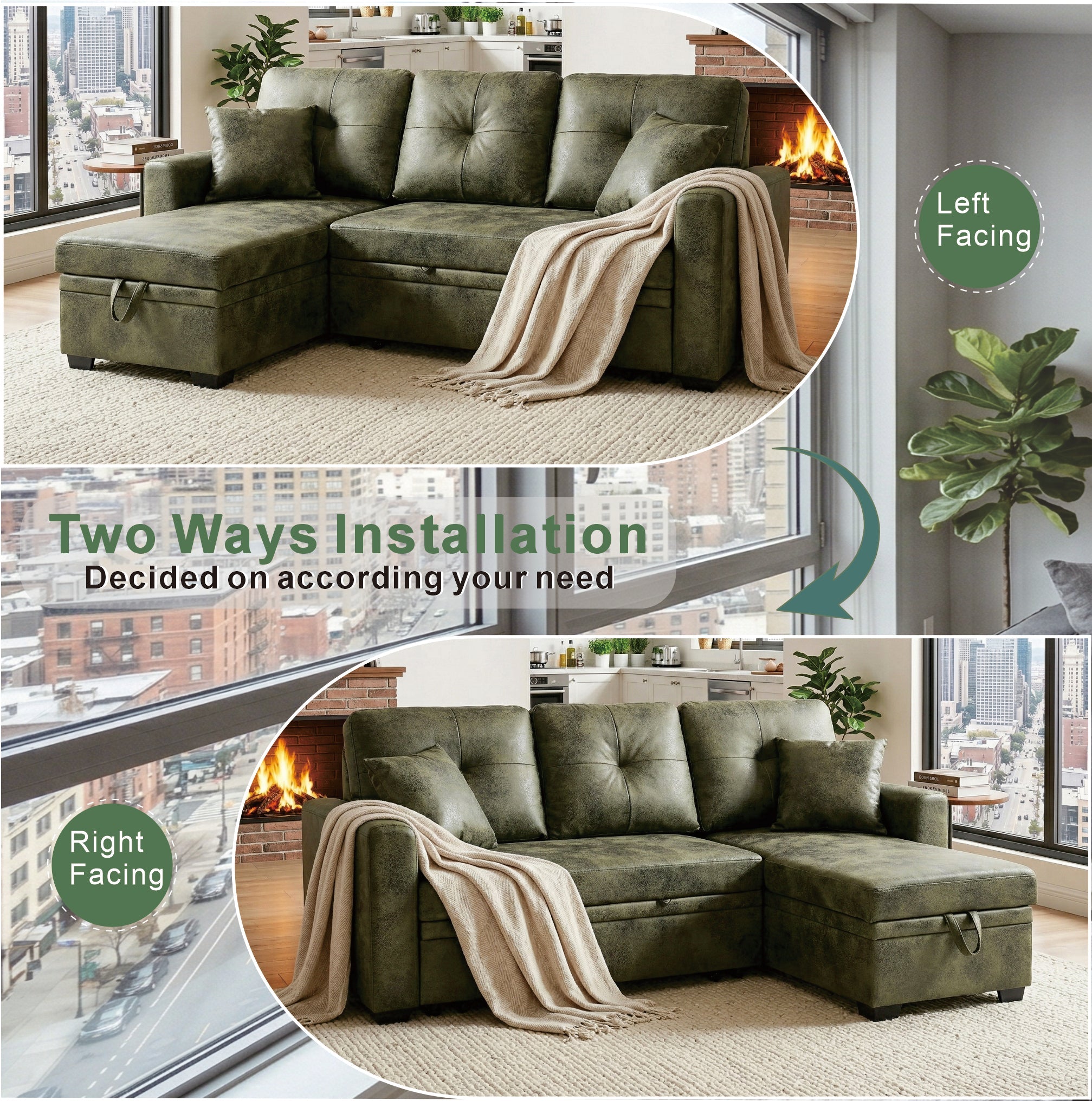 Sectional Sofa l Shaped Olive Green Fabric Sleeper with Small Space Solution