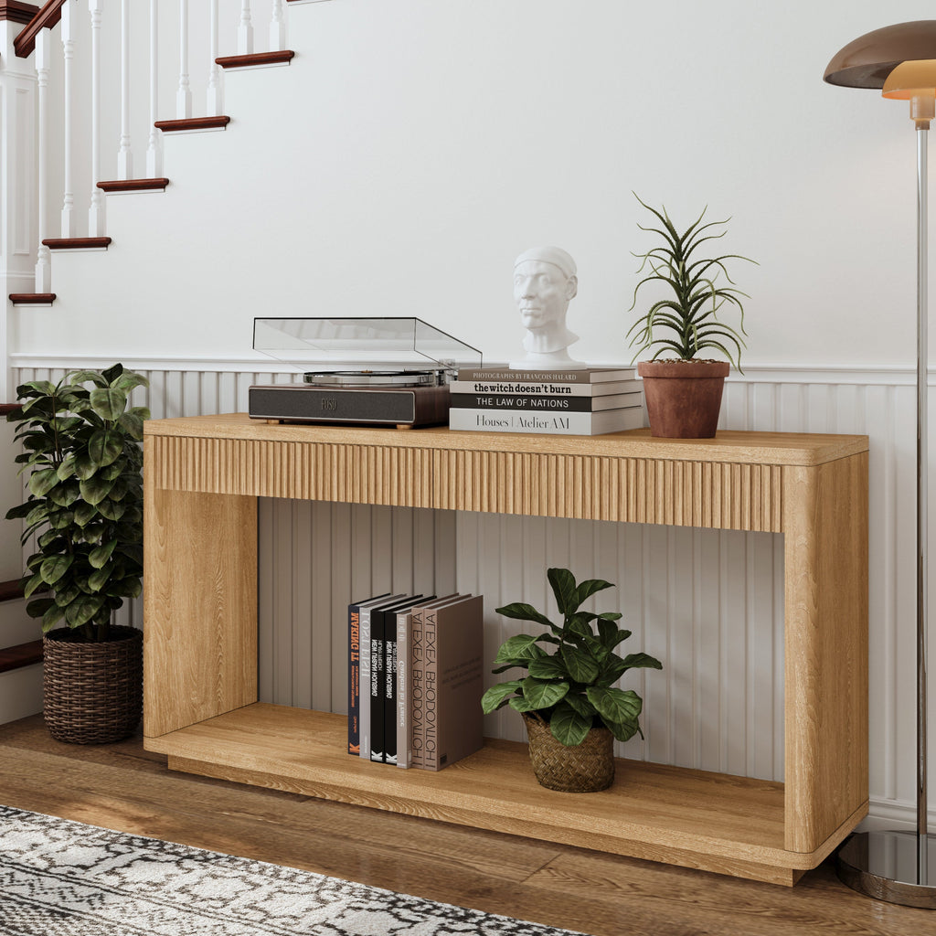 60' Modern 2-Drawer Fluted Console Table Natural Wood Veneer Sofa Table Behind Couch Table for Living Room, Hallway, Entryway, Home Office, Natural Wood