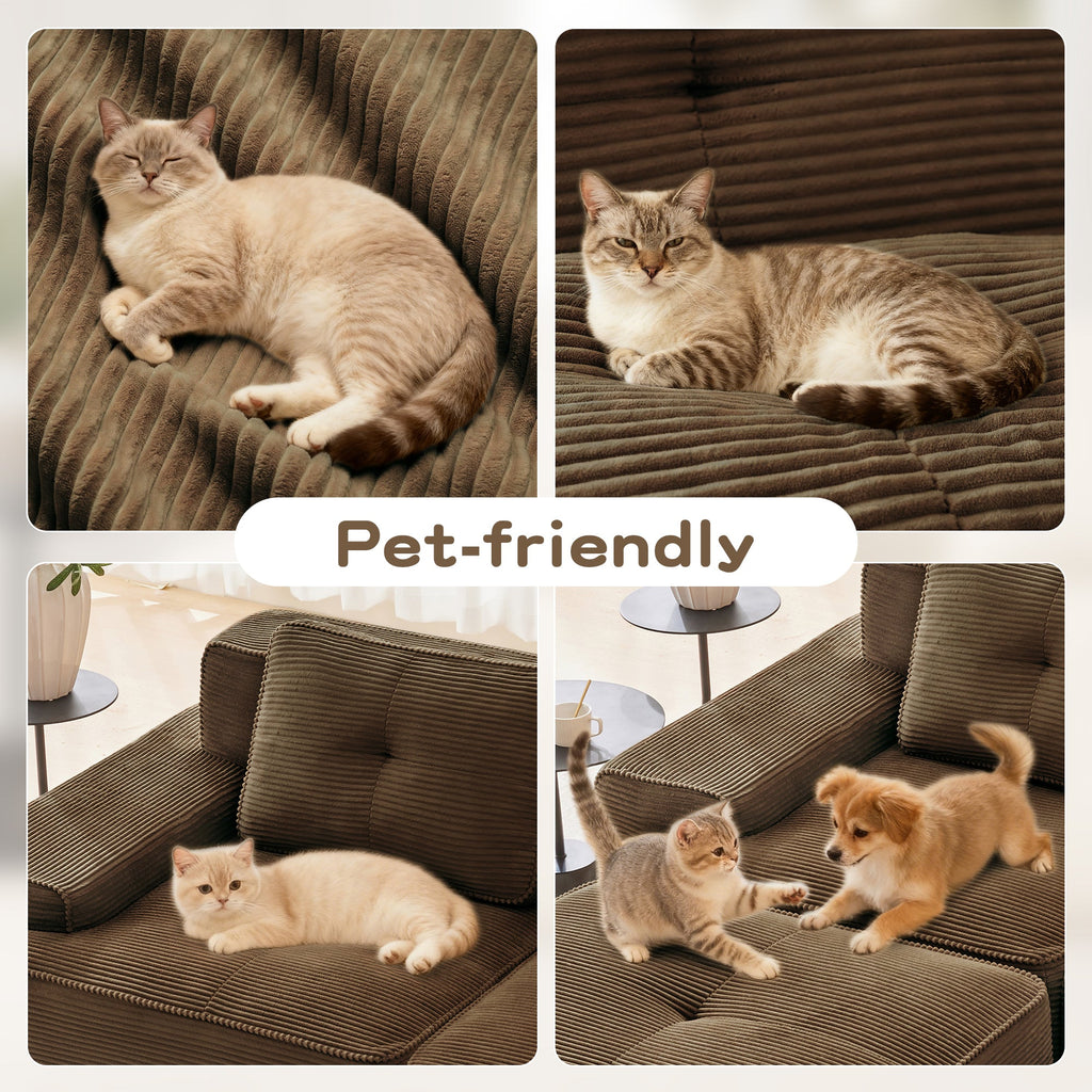 Sectional Sofa L-Shape Corduroy Brown 3 Seat Modular with Ottoman