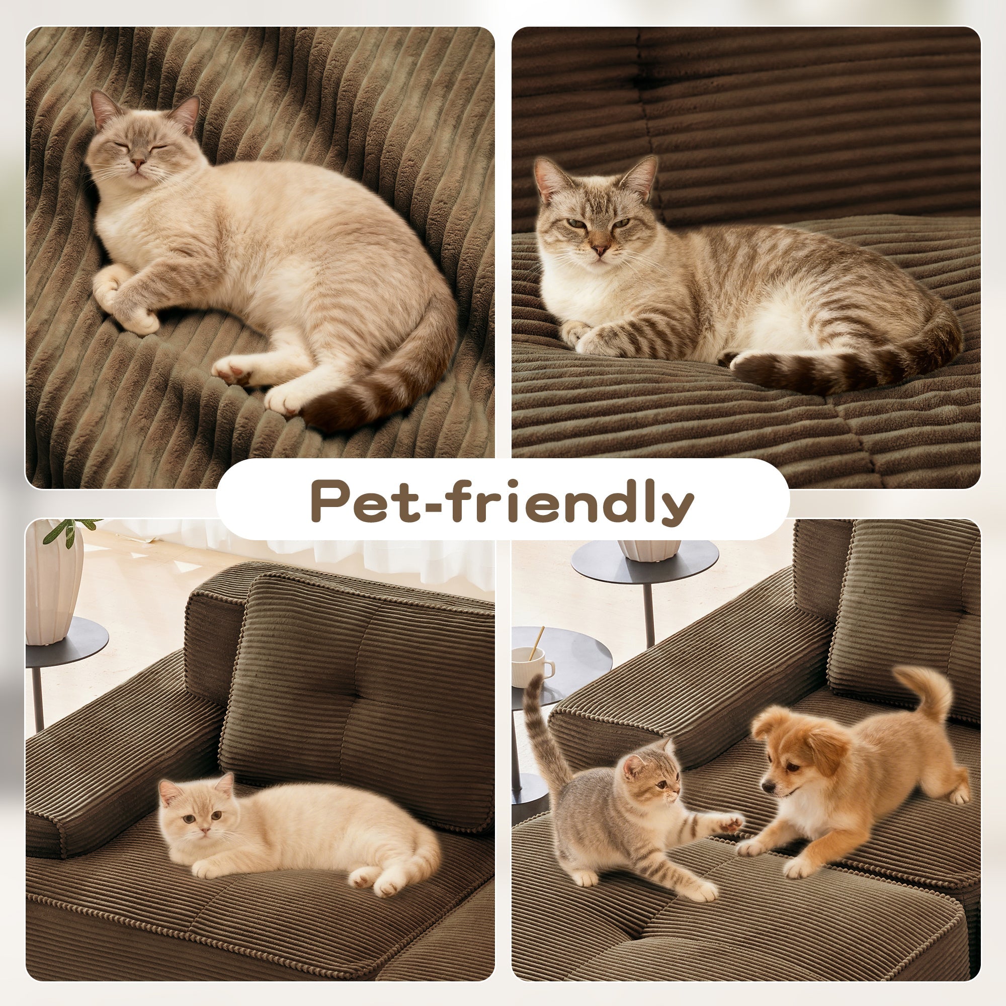 Sectional Sofa L-Shape Corduroy Brown 3 Seat Modular with Ottoman