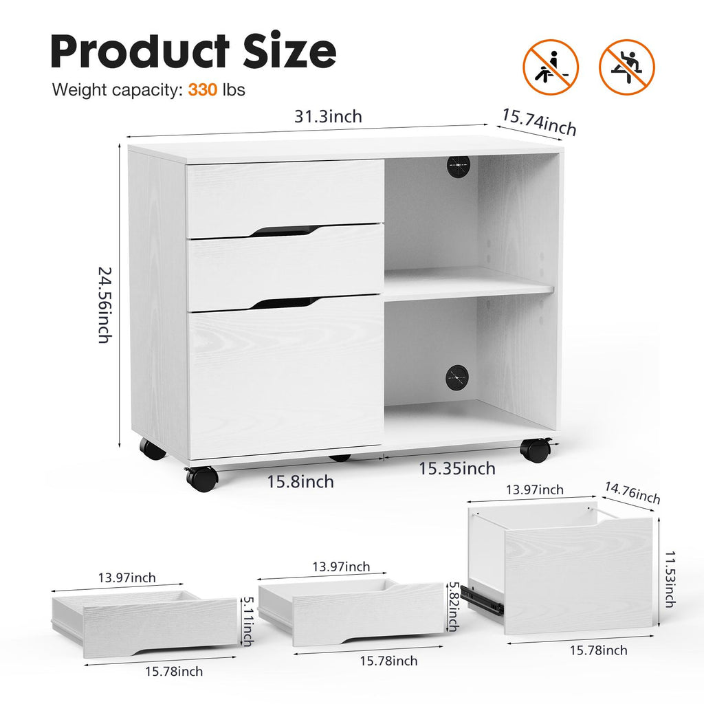 3 Drawer Filing Cabinet Wood Printer Stand with Storage Office Organize Cabinets with Wheels