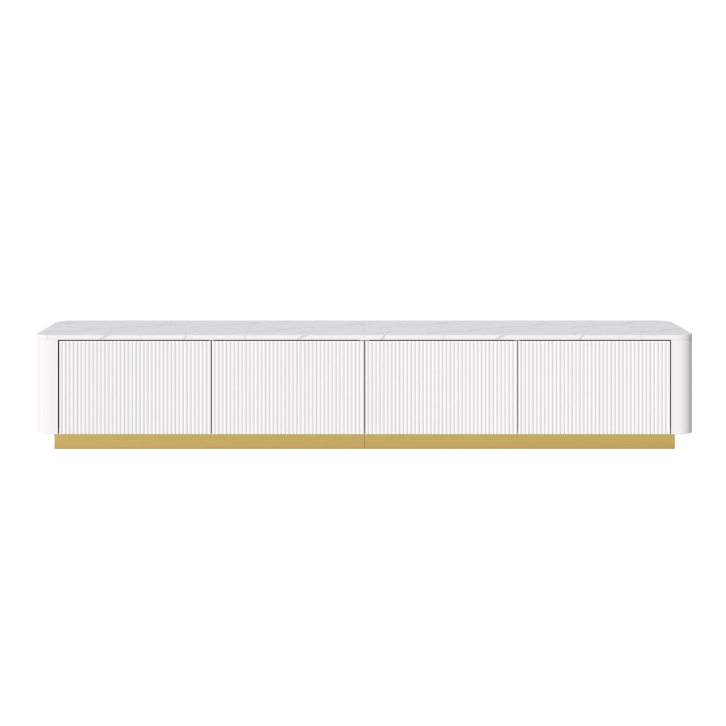 TV Stand Luxury Fluted White MDF Faux Marble Top 4-Drawer Fits 85 In TV