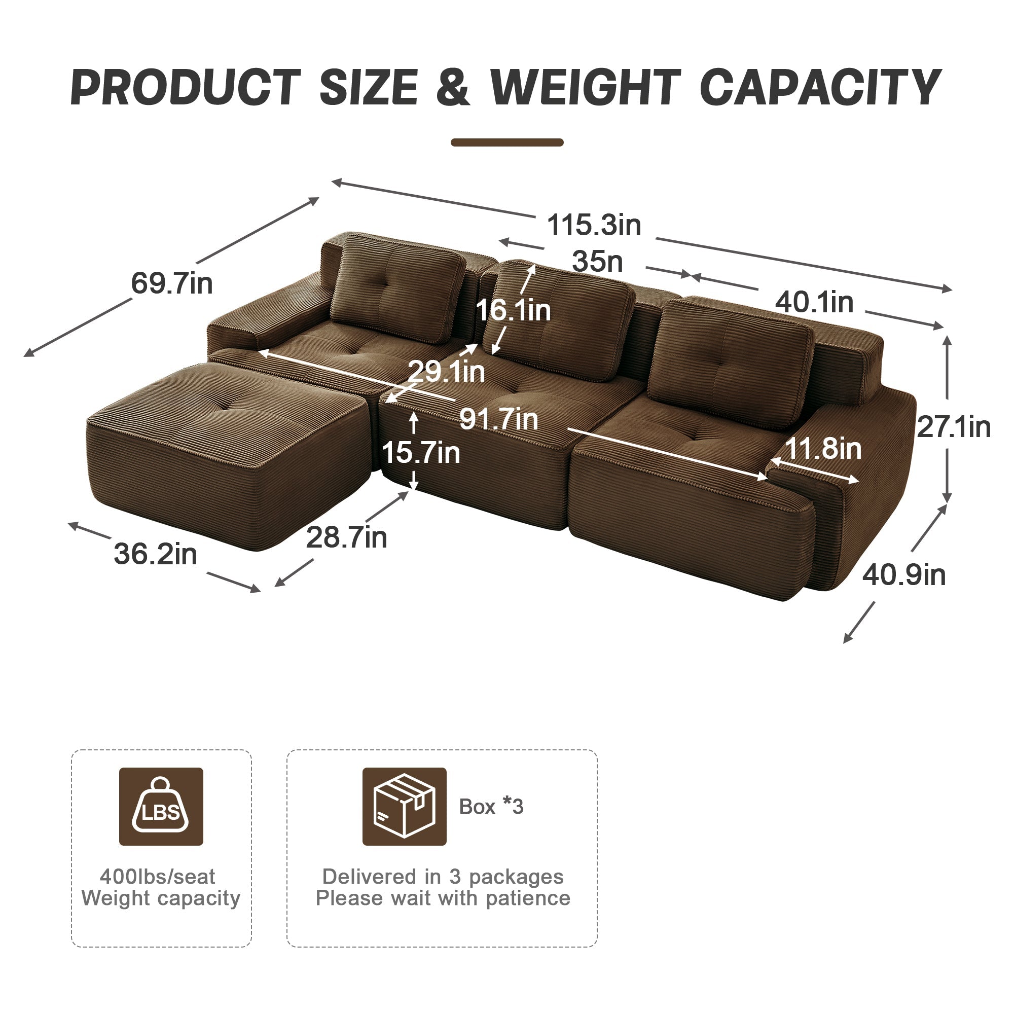 Sectional Sofa L-Shape Corduroy Brown 3 Seat Modular with Ottoman