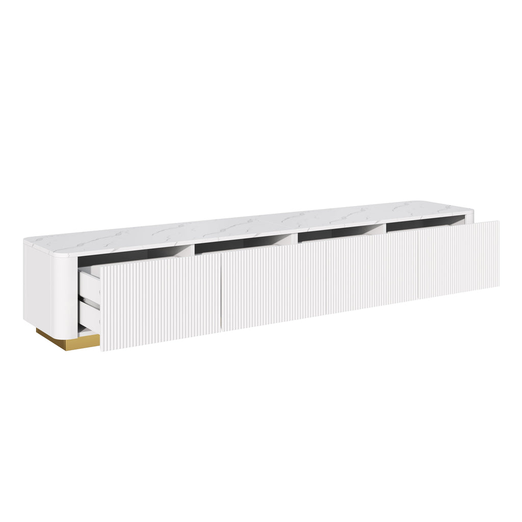 TV Stand Luxury Fluted White MDF Faux Marble Top 4-Drawer Fits 85 In TV
