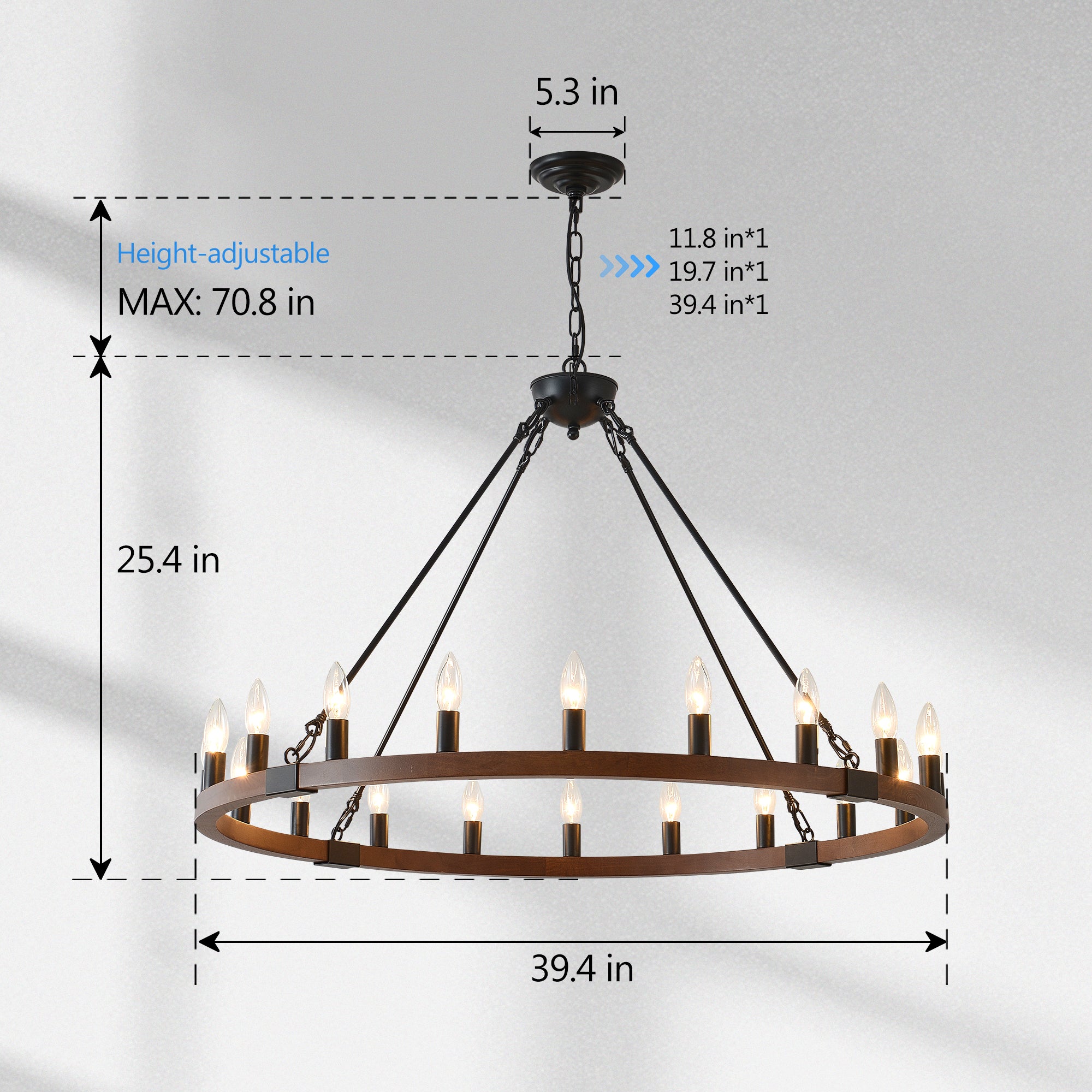 Chandelier Wood Wagon Wheel 20-Light Farmhouse Matte Black 39.3 In