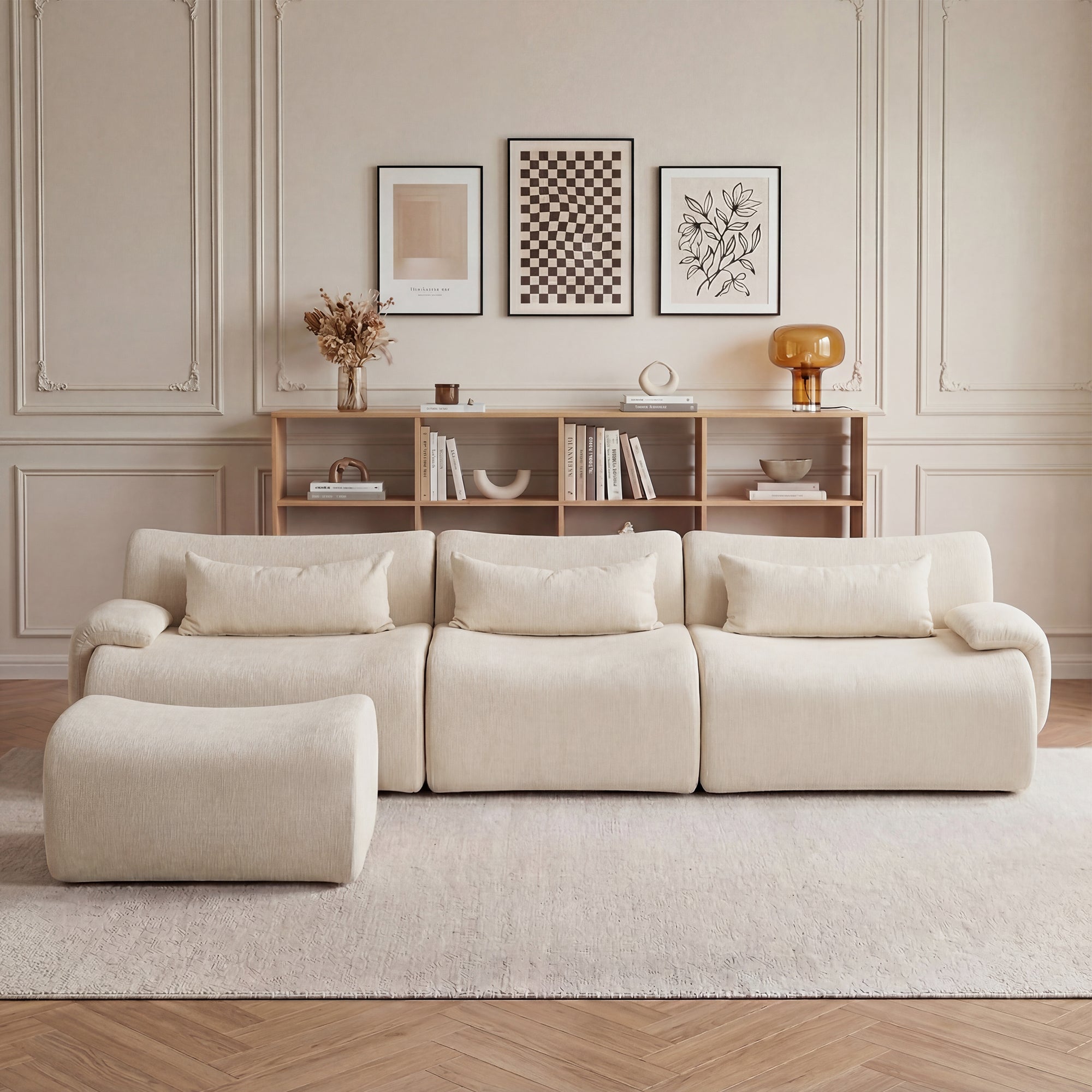 Sofa Curved White 3 Seater with Anti Slip No Assembly Chaise