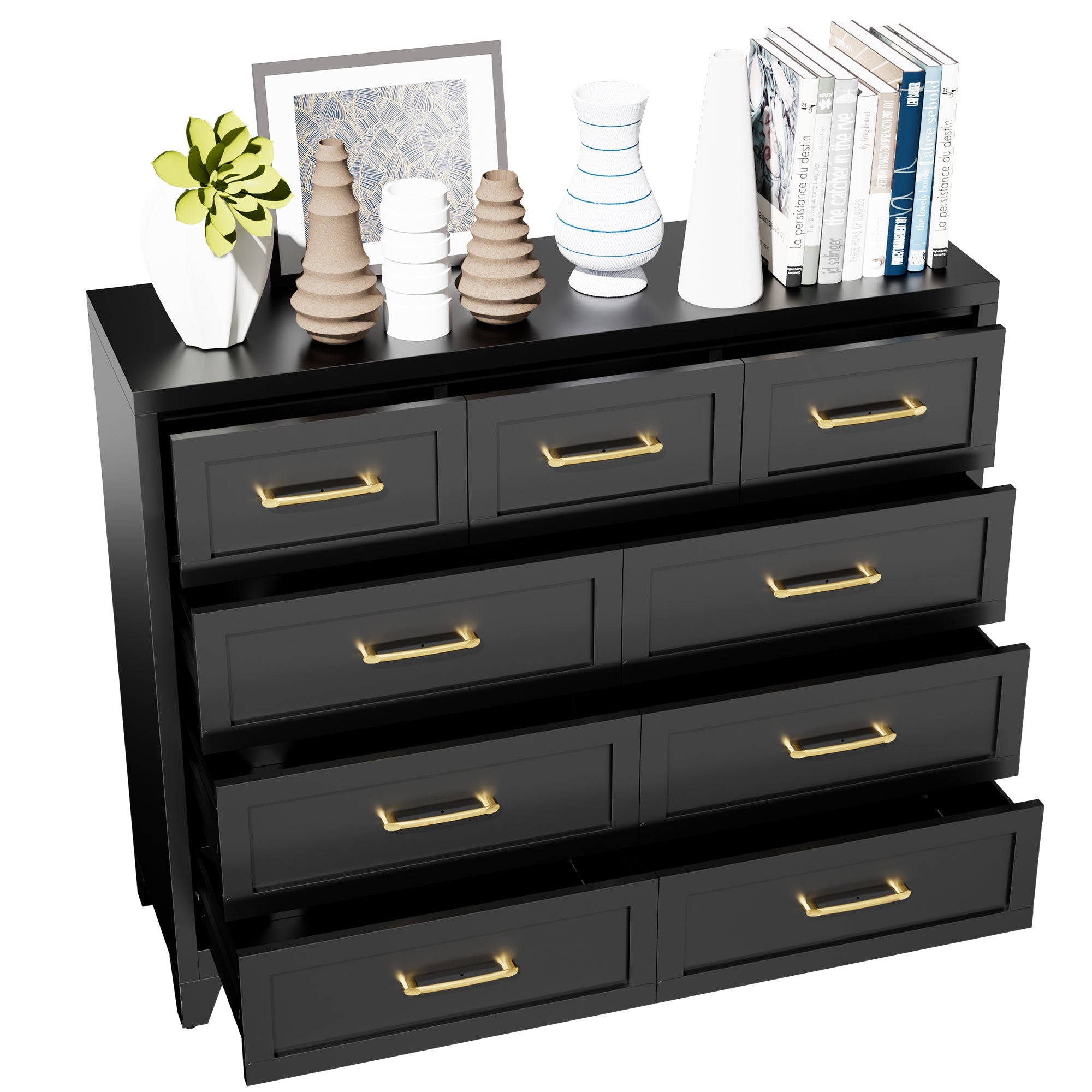 Dresser Tall 9-Drawer Black Steel Smooth-Glide 47.3x15.8x39 In