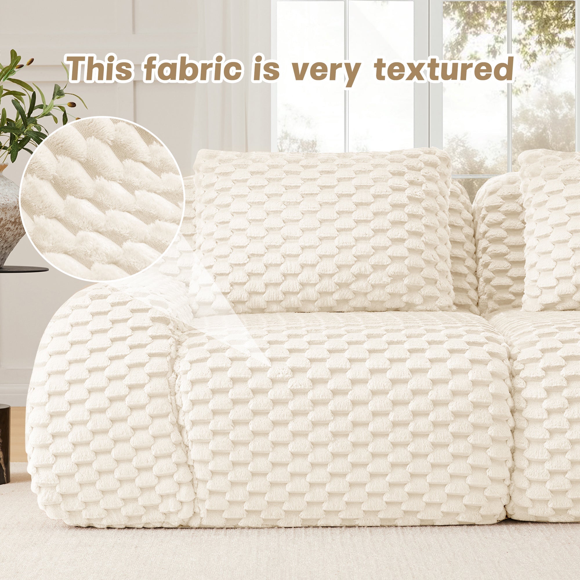 Sectional Sofa Modern Modular Cream Flannelette Deep Seat 82 Inch