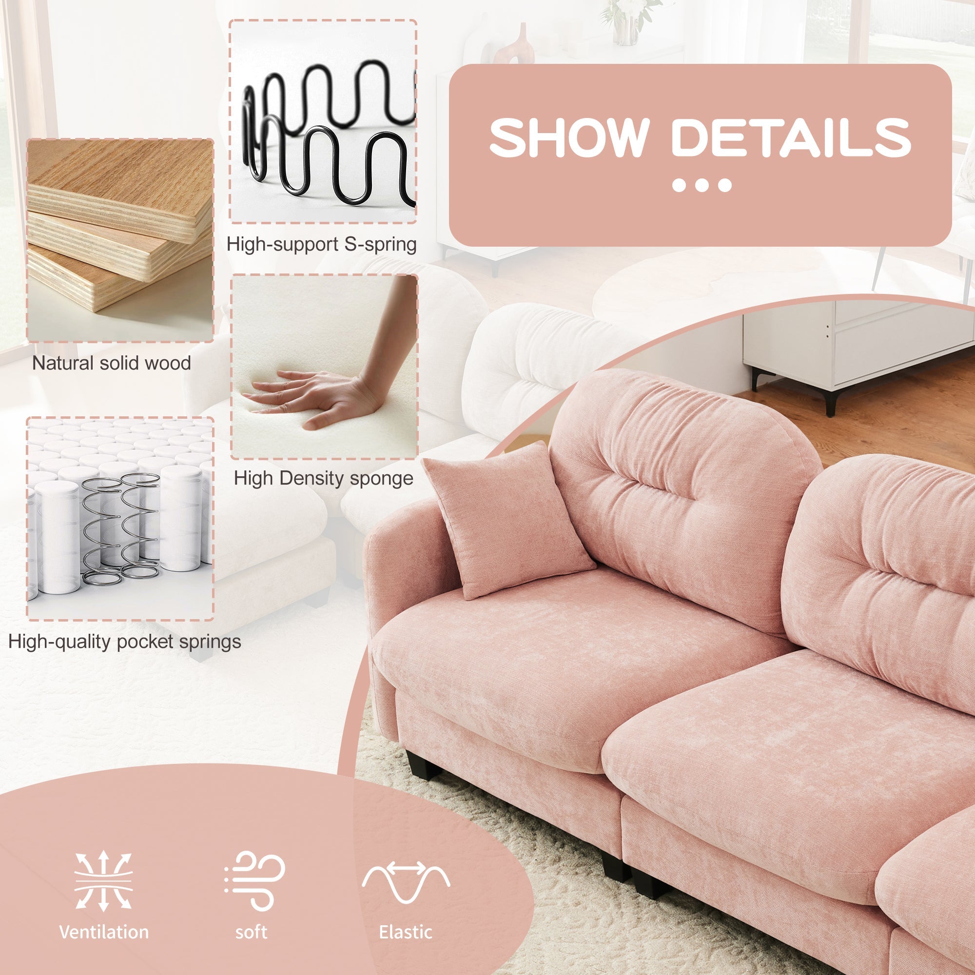 Sectional Sofa Modular Chenille Pink 3-Seat Tufted Pleated Cloud Style