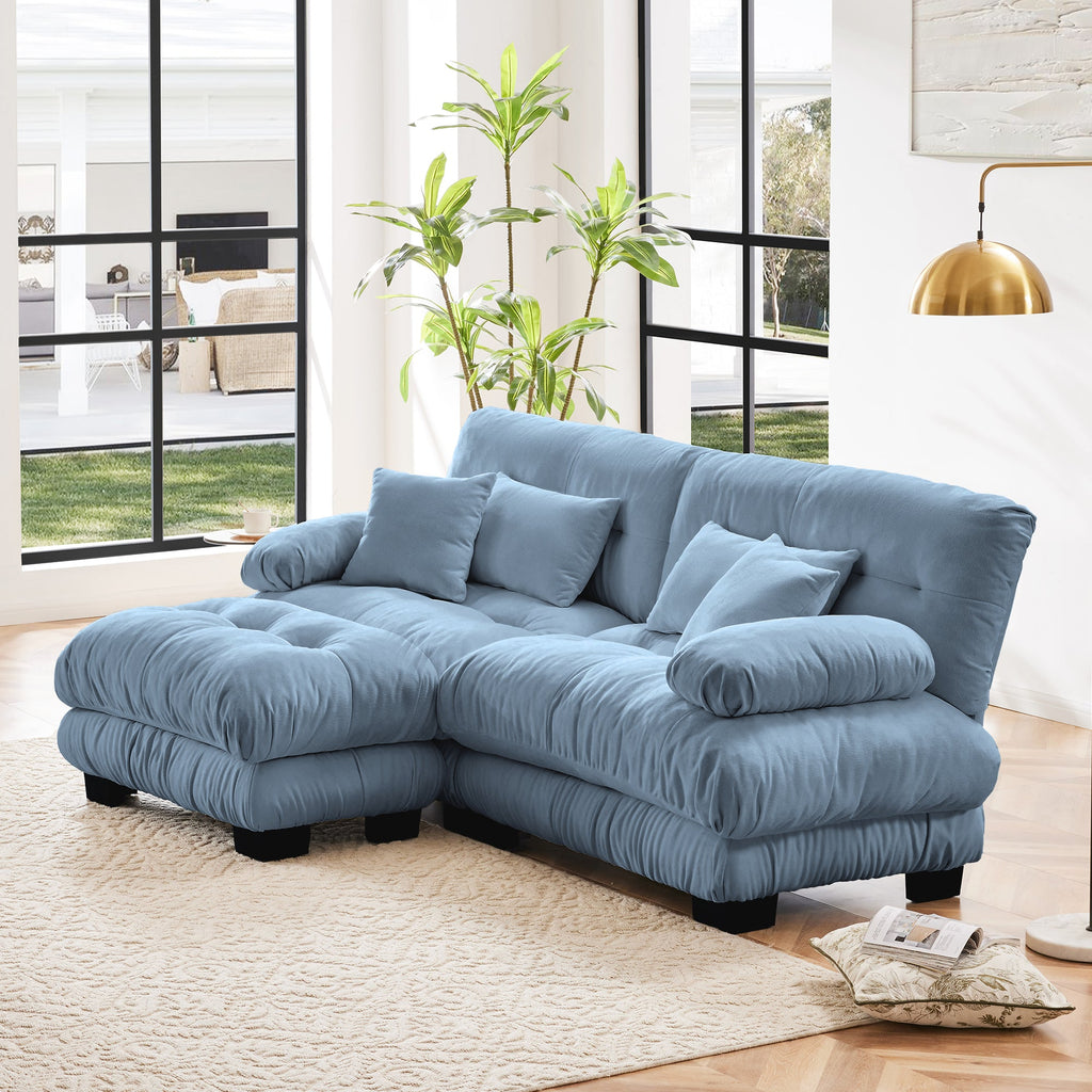 Sectional Sofa Cloud Chenille Blue 2 Seat Convertible Ottoman