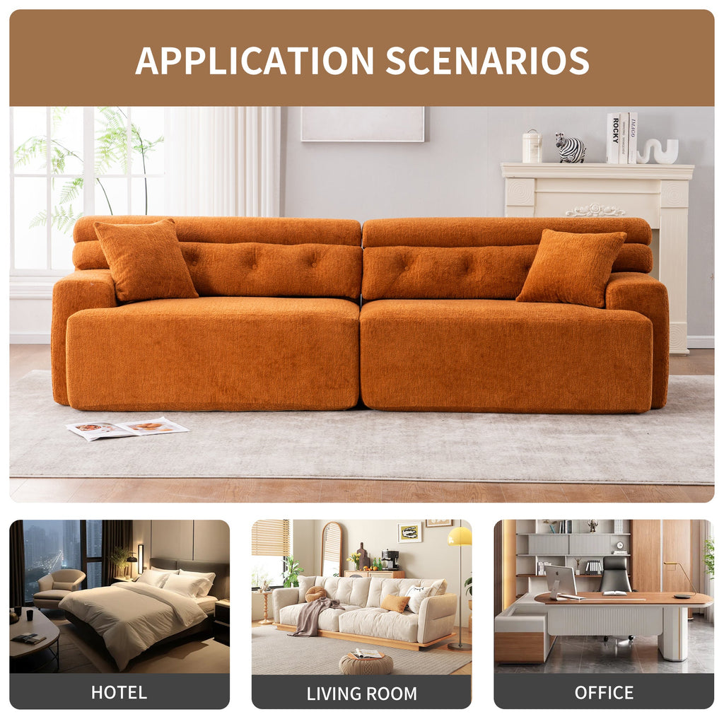 Reconfigurable 4-Seater Sectional Sofa with Wood Grain Chenille Fabric, Amber Orange Modular Sofa with 2 Pillows, High-Density Sponge Couch for Living Room & Apartment