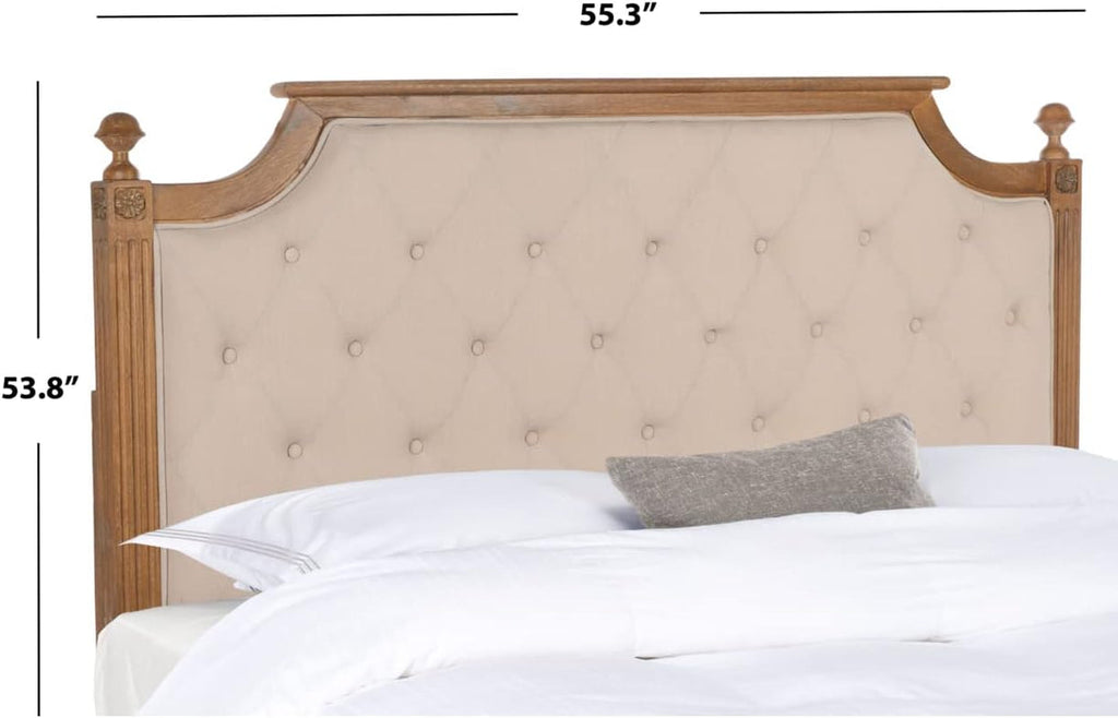 Tufted Linen Headboard in Beige and Rustic Oak