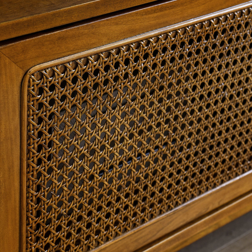 TV Stand Mid-Century Boho Rattan MDF Brown Ebony Sliding Door Fits 65 In TV