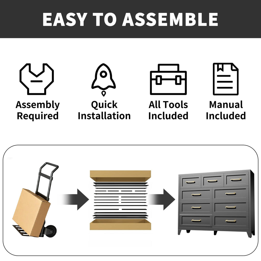 Dresser Tall 9-Drawer Black Steel Smooth-Glide 47.3x15.8x39 In
