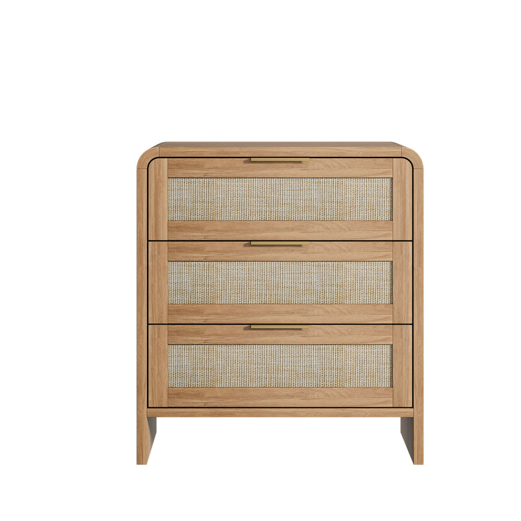 Rattan Nightstand with 3 Drawers, 22.8 in Wide, Curved Wood, Caramel Oak