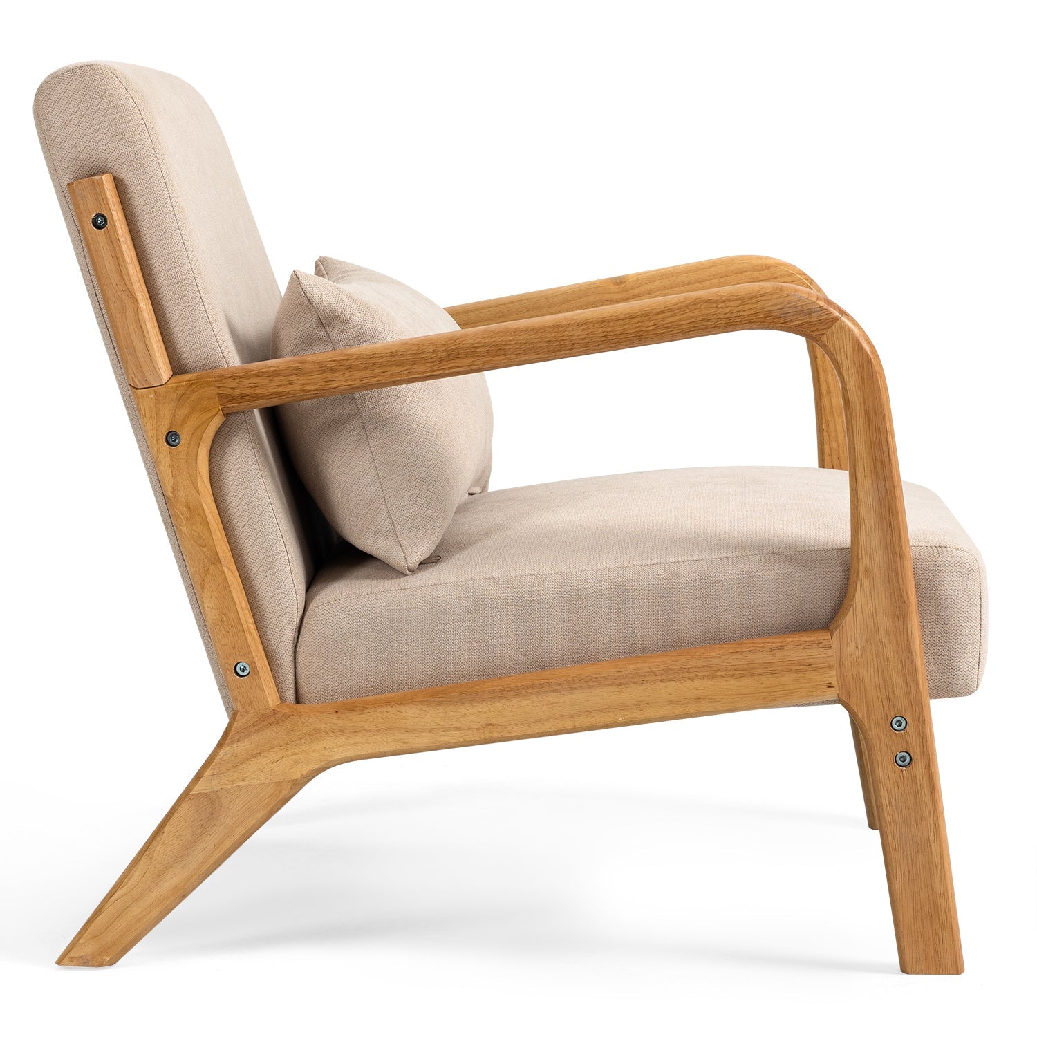 Accent Chair Mid Century Modern Beige Linen with Wood Armrest and Feet One Seat