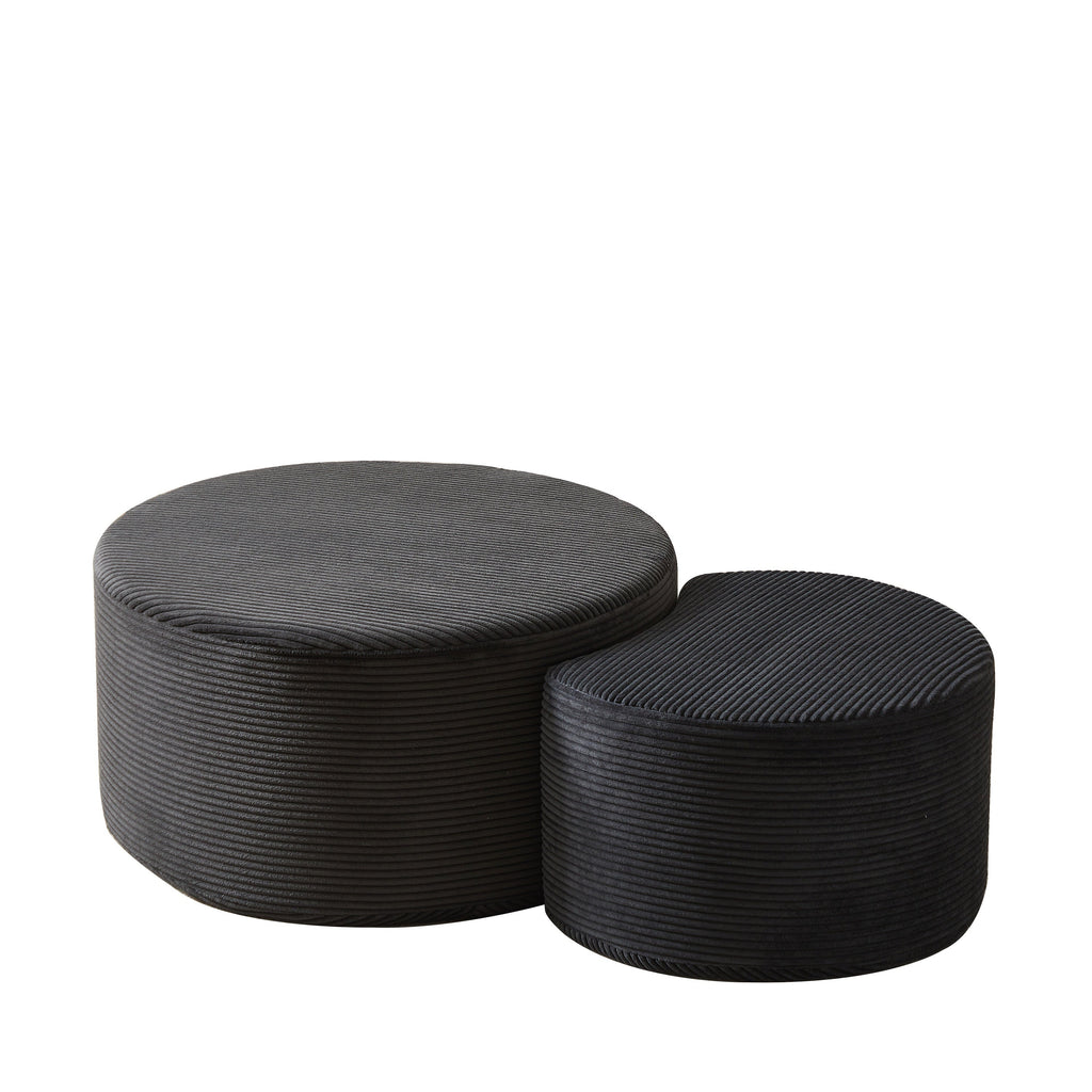 Upholstered Round Coffee Table Set of 2, Black Corduroy Fabric, No Assembly