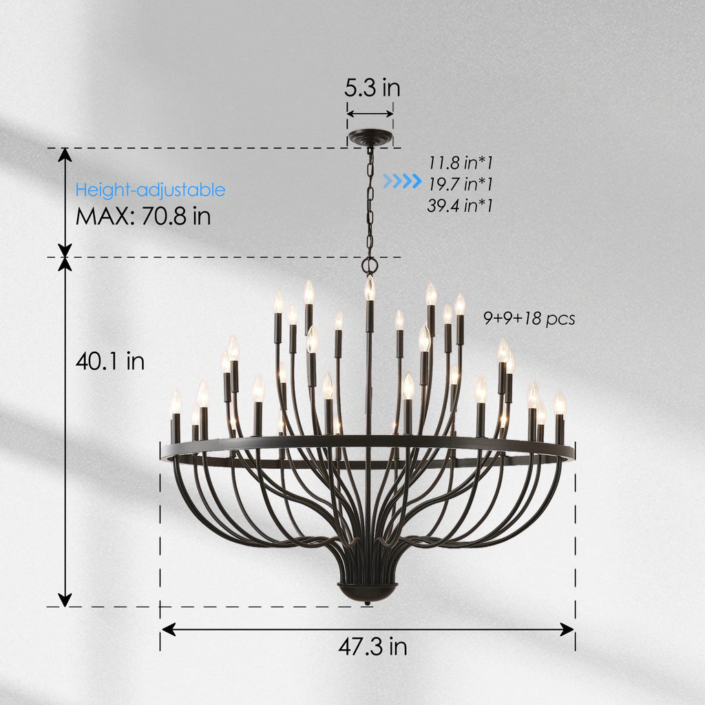 Chandelier 36-Light Black Industrial Iron Candle Farmhouse Pendant